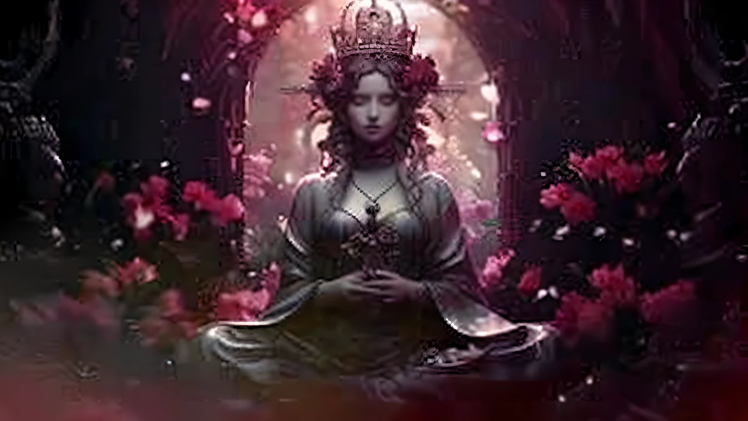 a close-up of a statue of a woman in a flower garden, Beeple e Alphonse Mucha, ((uma bela imperatriz fantasia)), 🌺 CGSetnation, zen méditation cyberpunk, uma bela imperatriz fantasia, Beeple e Jeremias Ketner, CGSetnation artstation, beeple daily art, Artgerm Julie Bell Beeple
