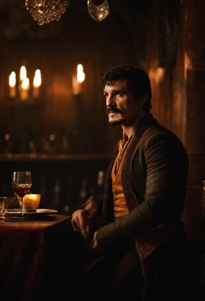 A photo of Oberyn at an exclusive underground speakeasy, surrounded by dim lighting and elegant decor,Game of Thrones TV series,Oberyn is a tall man with black hair and a beard, famously portrayed by Pedro Pascal