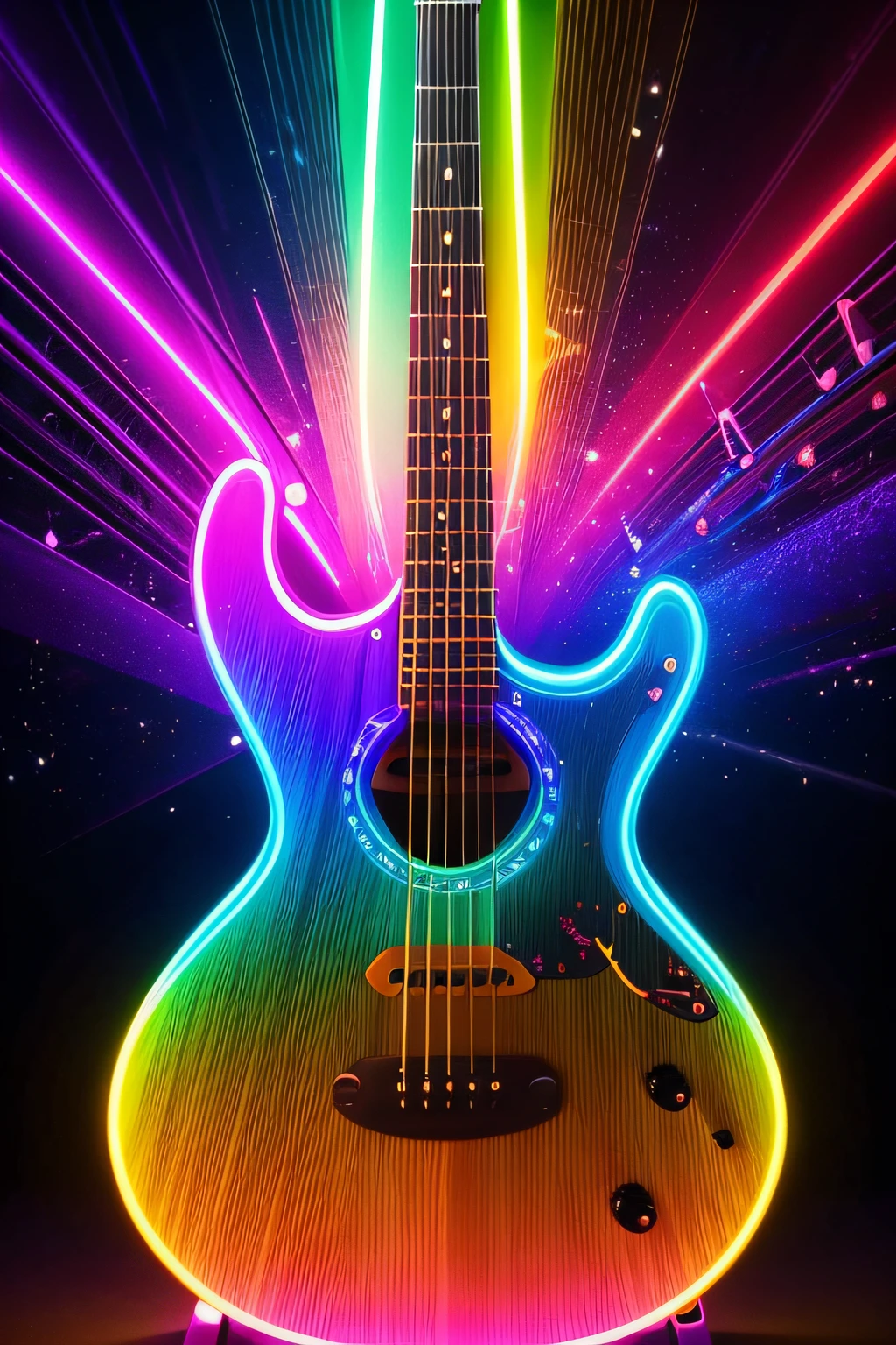 Guitar instrument, music festival, light speed, vibrant, neon lights, extreme rainbow flow, glow, high resolution 8K, super detail - ar9:16,