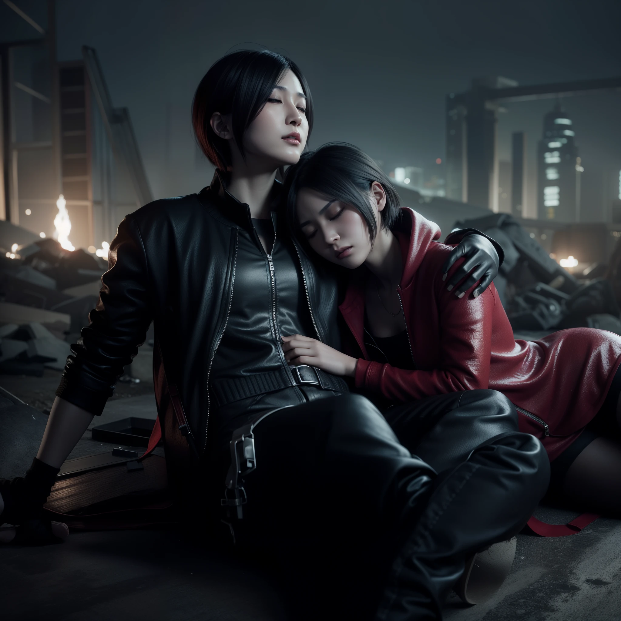 Ada wong ,Woman, wearing red hoody dress, bob hair, red polish, glazed expression, tired, Eyes closed