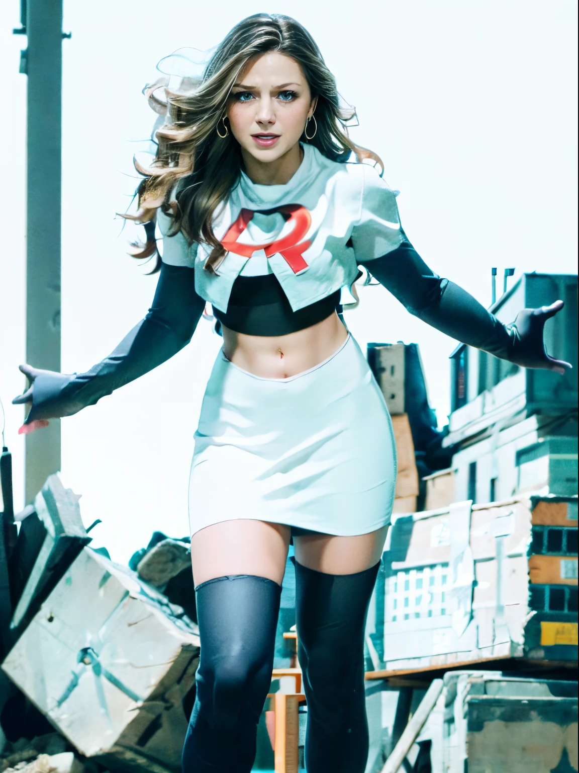 face of melissa benoist, 1girl,team rocket,team rocket uniform, red letter R, white skirt,white crop top,black thigh-highs,black elbow gloves