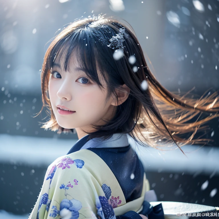 (Kimono)、、(top-quality,masterpiece:1.3,超A high resolution,),(ultra-detailliert,Caustics),(Photorealsitic:1.4,RAW shooting,)Ultra-realistic capture,A highly detailed,high-definition16Kfor human skin、 Skin texture is natural、、The skin looks healthy with an even tone、 Use natural light and color,One Woman,japanes,,kawaii,A dark-haired,Middle hair,(depth of fields、chromatic abberation、、Wide range of lighting、Natural Shading、)、、(Falling snow:1.2)、(Hair swaying in the wind:1.2)、(Snow reflects light:1.2)、Back lighting