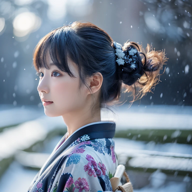 (Kimono)、、(top-quality,masterpiece:1.3,超A high resolution,),(ultra-detailliert,Caustics),(Photorealsitic:1.4,RAW shooting,)Ultra-realistic capture,A highly detailed,high-definition16Kfor human skin、 Skin texture is natural、、The skin looks healthy with an even tone、 Use natural light and color,One Woman,japanes,,kawaii,A dark-haired,Middle hair,(depth of fields、chromatic abberation、、Wide range of lighting、Natural Shading、)、、(Falling snow:1.2)、(Hair swaying in the wind:1.2)、(Snow reflects light:1.2)、Back lighting