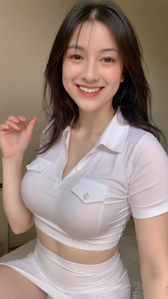 (realistic, high resolution:1.3), 1 girl with perfect figure,light on face, smile, pale white skin,looking at viewers, super fine face and eyes, long hair, White police uniform, transparent shirt, open shirt, white short dress, in bedroom, sit on the bed, massive breasts, exposed cleavage