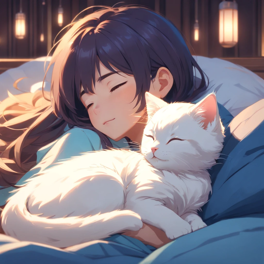 (Best quality at best, A high resolution),A white kitten curled up and sleeping,Flattering,with its soft fur,Calm,comfortably,Meticulous details,Cute little paws,serene,Comfortable,Quiet,Happy,vivd colour,gentlesoftlighting
