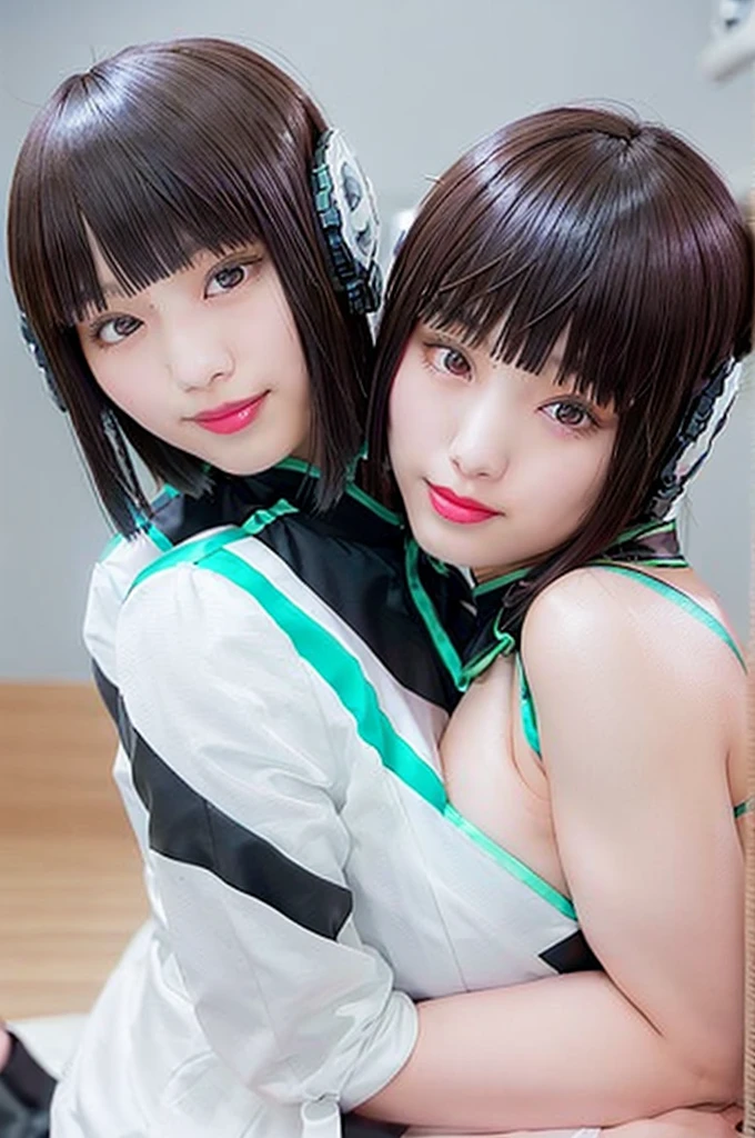 two beautiful young women hugging each other in a studio shot stock photo, two girls, two beautiful women in love, woman holding another woman, beautiful gemini twins portrait, lesbian embrace, cute girls, lesbians, two women, two models in the frame, portrait of women embracing, beautiful gemini twins, young girls, 2girl, twin, hug each other, two same girl, selfcest, twins,Tentacle, tentacle sex, rape by tentacle (skin blemish:0.8), (large breast) ((very big boobs)) (skindentation), black eye, 1woman, 25yo, (((woman))), solo, realistic, best quality, photorealistic, masterpiece, 8k, high res, solo, extremely detailed face, (professional lighting, bokeh), (light particles, lens flare, glowing particles:0.6), (dynamic pose:1.2), soft lighting, top angle view, fashionable and trendy atmosphere, japan, hotel, bedroom, bed, bathroom, ((daytime)), sky, ((looking at the viewer:1)), (looking at the camera),(portrait:0.6), (whole body photo:1), gorgeous, lay down, keep original facial proportion, wide shoulder, (medium breast), (medium hair), brown hair, floating hair, lips, lipstick, seductive smile, floating hair, smile, open mouth, teeth, (underwear:1), lace bra, panties, eyelashes, mole, (mole under eye:1),