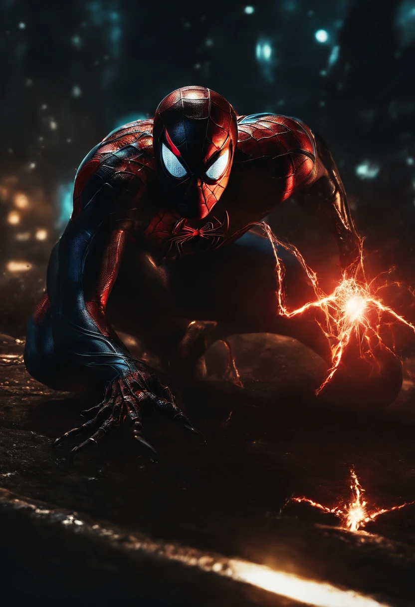 Spider-Man becomes Venom, glowing light eyes, Biomechanicals, eerie, crawling, nightmarish, The colors are very vivid, Light particles, Glowing light, Mshiv, wallpaper art, ultra HD wallpaper