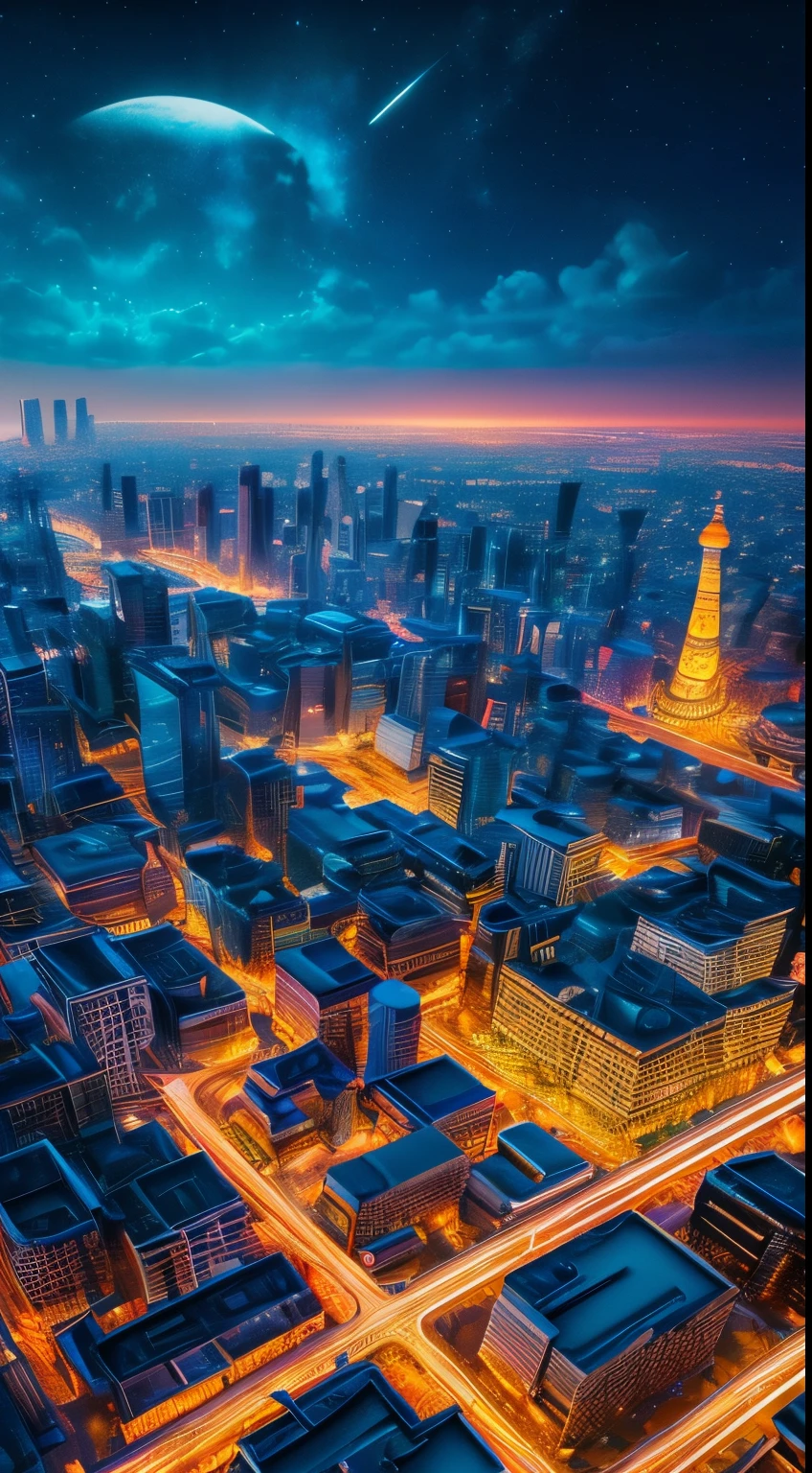 high quality, 8K Ultra HD, highly detailed, Abstraction, Oil, Sketch, Big city landscape made of starry sky, Cubism, Brush, Palette, Pigment, Stroke, Contrast, Depth, Creativity, Imagination, Fantastic Reality, Amazing, Magical environment, Ceramic, Cerulean, Vermilion, Impasto, Glaze, Grayscale, Fauvism, Renaissance, luminism, 3d render, octane render, Isometric, by yukisakura, awesome full color.