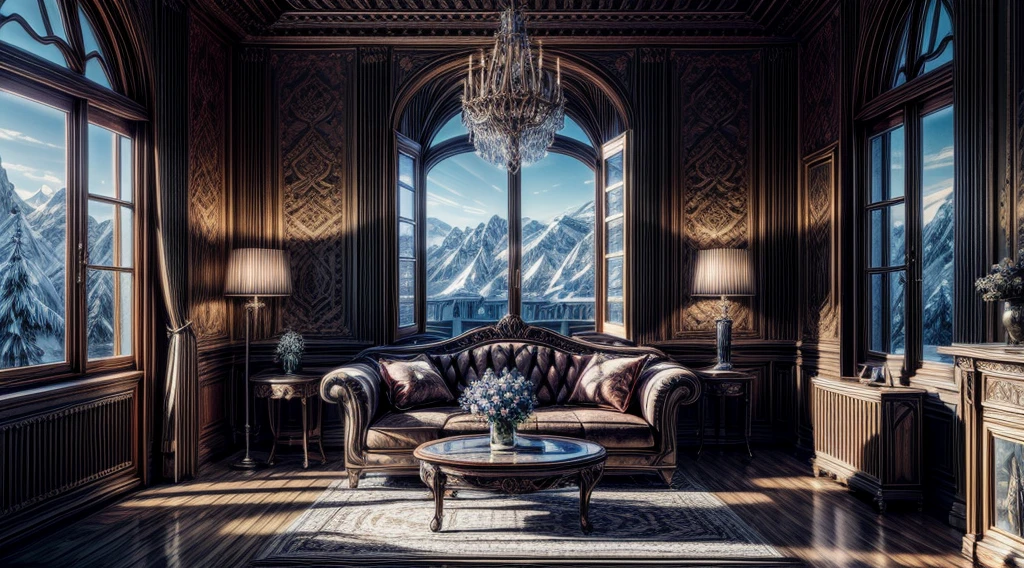 ((masterpiece)), (ultra-detailed), (intricate details), (high resolution CGI artwork 8k), castle living room in winter, Camera: (The window should be the focal point.) Resolution: This is an extremely high resolution image. Pay special attention to enhancing small details and maintaining a pleasing aura. Plants and flowers cover the walls
