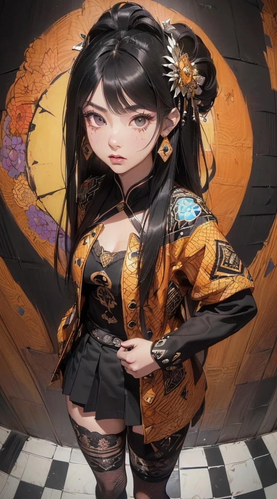 (((8k wallpaper of extremely detailed CG unit:1.2, masterpiece, hight resolution:1.2, top-quality:1.2, masutepiece))), ((a very beautiful woman, Hands in pockets:1.8, Grunge Fashion:1.2, wear a blouson:1.2, wearing skirt, wearing tights and boots)), ((extra detailed face, Highly detailed black eyes, extra detailed body, Top quality real texture skins)), (A dark-haired, length hair, de pele branca, Small:1.2), ((Colorful geometric patterns are painted all over the wall..., Colorful wall)), (high-angle:1.2, a closeup, Fisheye:1.4), hyper realisitic, digitial painting,