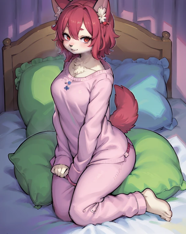  score_9, score_8_up, score_7_up, score_6_up,  source_anime, anthro, furry, fox, nazuna, pink and white fur color, two-tone fur, pink eyes, fox tail, wearing pink tank top, pink short shorts,   barefoot, snout, black nose, lying on her back, on a bed, seductive, 