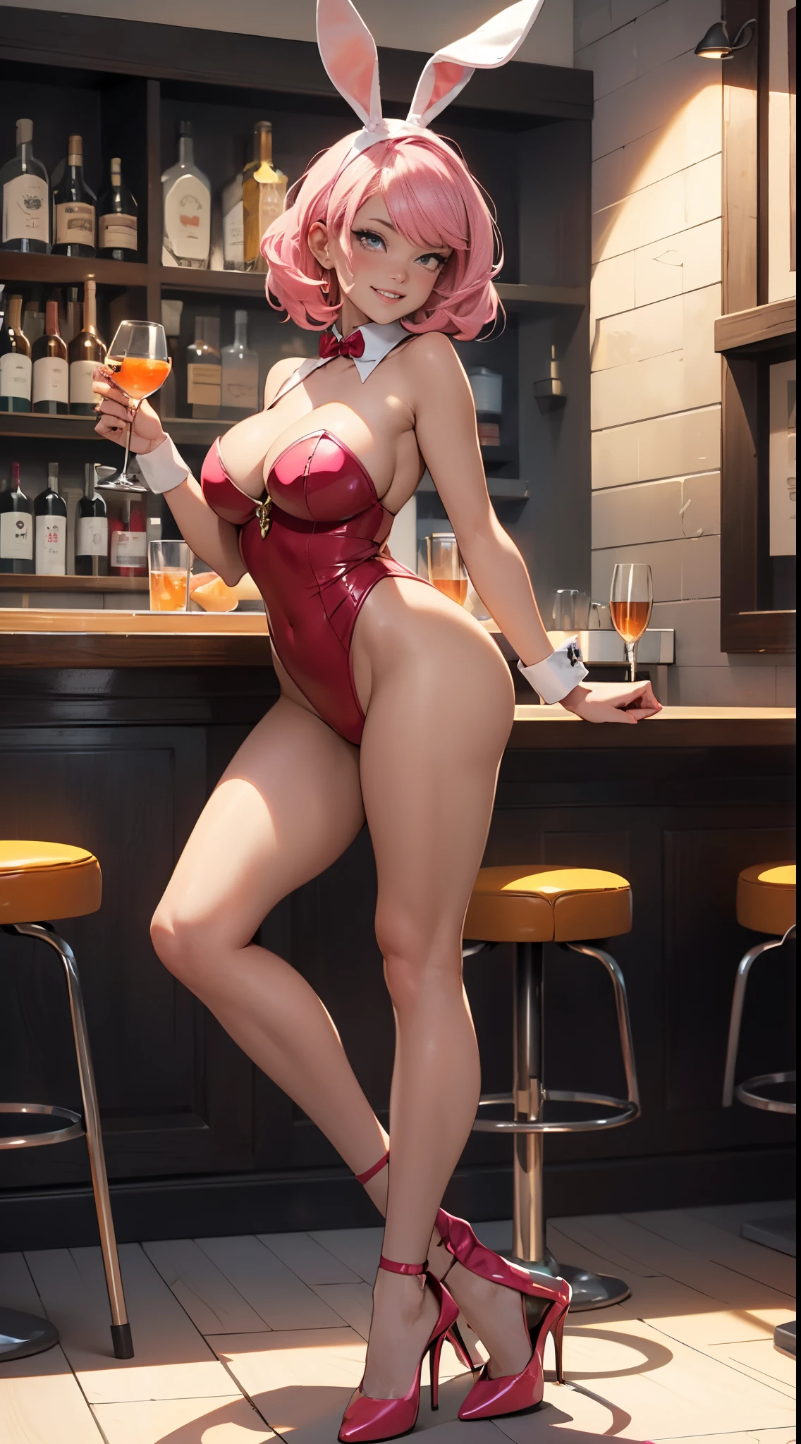 Pinkie Pie, Huge-breasts, Lush breasts, Elastic breasts, hairlong, Luxurious hairstyle, playboy bunny, bunny ears, bunny tail, pink bunny suit, Leotard, Elegant high heels, Evil grin, In a bar, Fighting stance, Fight, in full height, in full height, super detail, ccurate, best quality, 16k, HD, 1080P, anatomically correct, super detail
