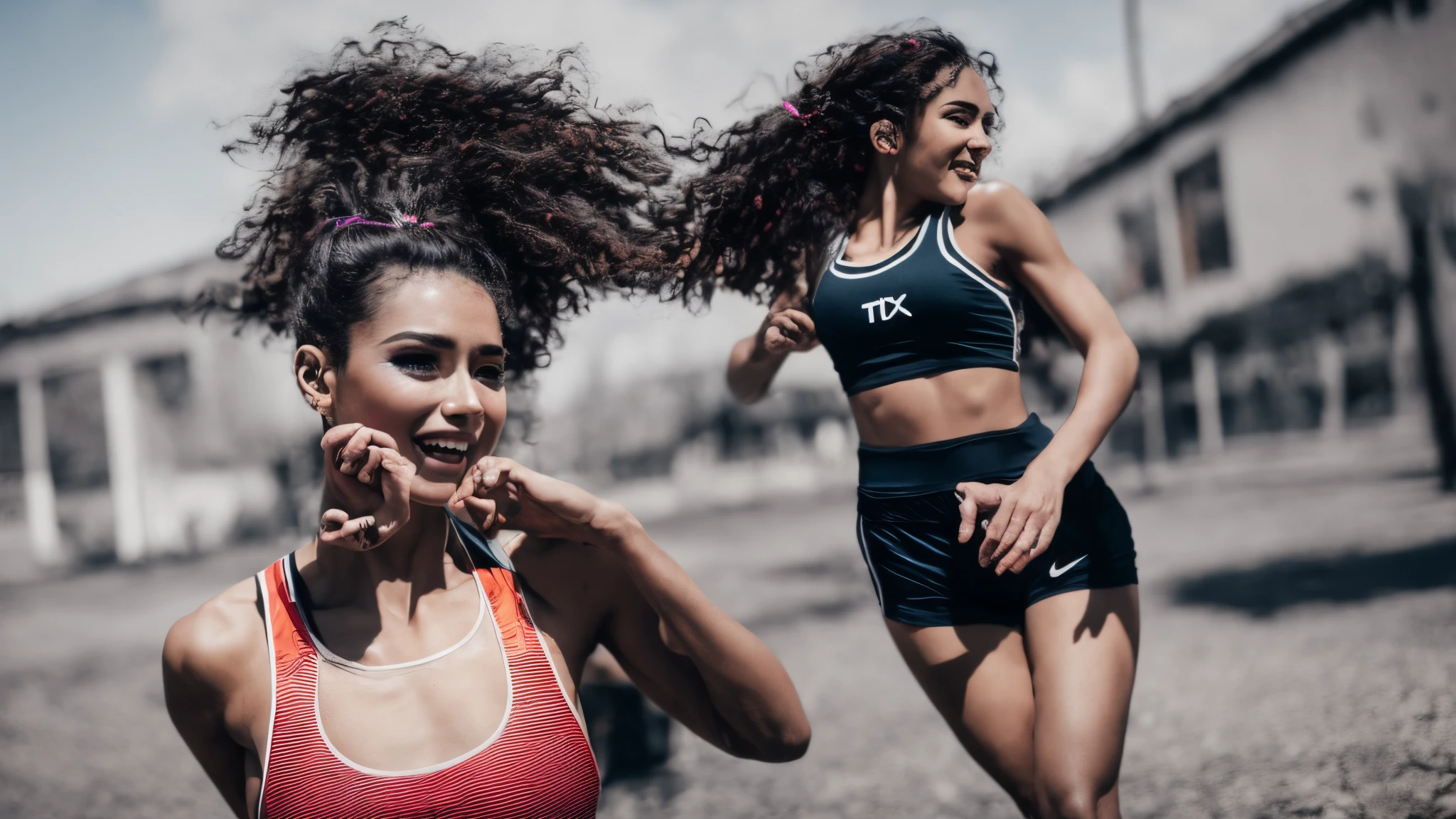 Mujer tes blanca constextura atletica con caderas prominente ojos azules cabello negro