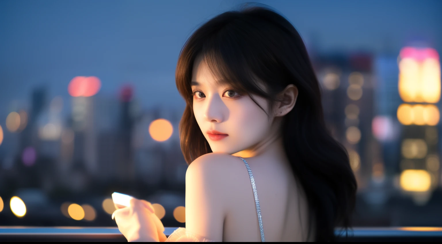 8k, RAW photo, best quality, masterpiece, high detail RAW color photo, professional photograph, (realistic, photorealistic:1.37), (high detailed skin:1.2), high resolution, beautiful detailed eyes, (hard focus:1.4), (sharp focus:1.4), 1girl wearing elegant evening gown, sparkling sequins, holding a clutch bag, rooftop terrace, city skyline background, dusk, warm summer evening, bokeh, lens flare, (vignette:0.8), dramatic lighting, cinematic lighting, back light, professional lighting, physically-based rendering, ulzzang-6500-v1.1, pureerosface_v1