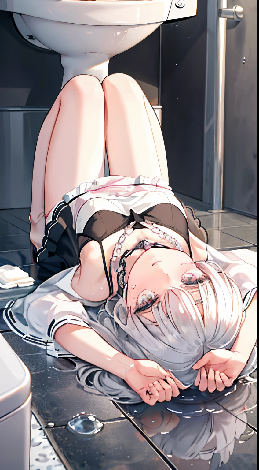 Cute white-haired loli，Dressed in lolita and white silk，white bra，Long gray hair，Sit on the floor of a public toilet，spread your legs，Pink panties can be seen，There is a silvery white viscous liquid on the body，The white-haired lolita is half-kneeling on the toilet floor，tie a big chain around her neck，masturbated，The ebb and flow，The girl has a viscous liquid on her face，Fallen girl，Girl lying on the ground with a painful expression，weeping，Lying in the toilet，Be watched