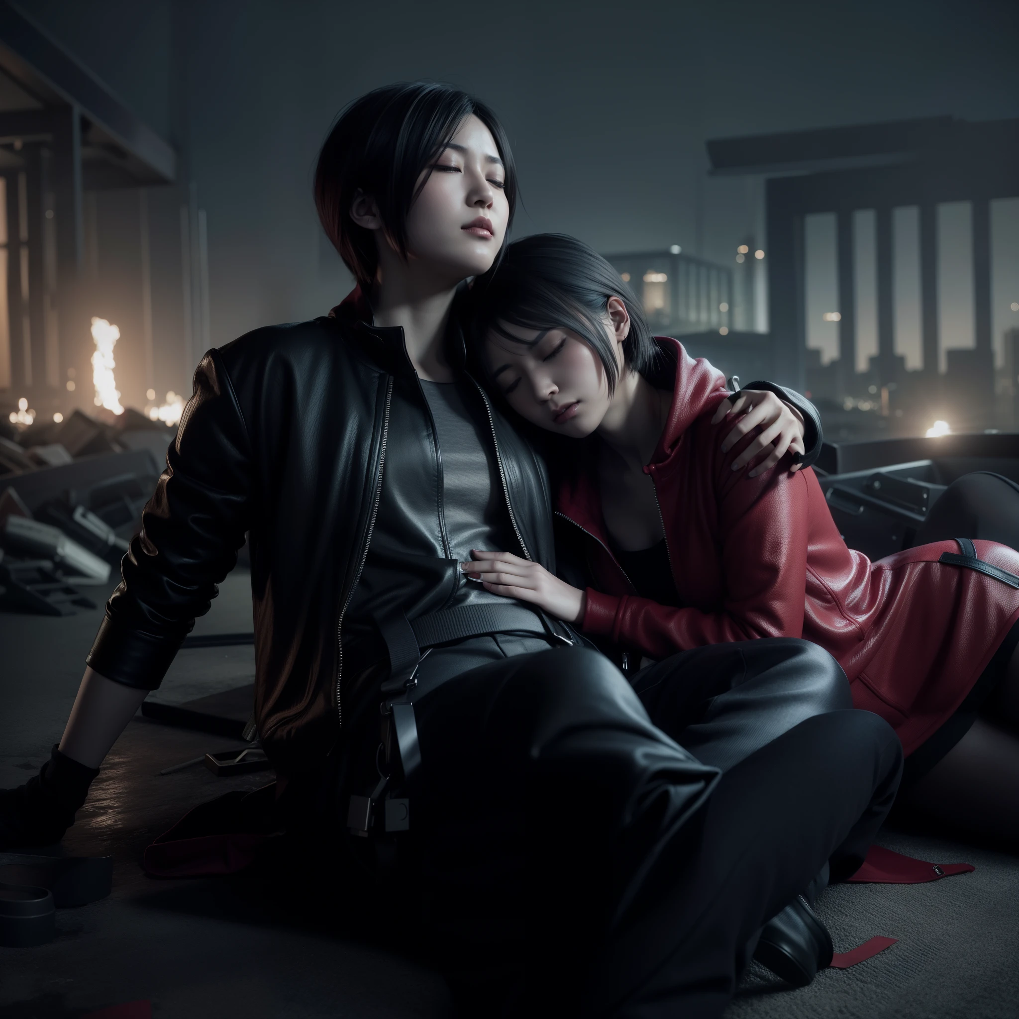 Woman, Ada wong, Eyes closed, wearing mini reddress with hoody, black nails polish, Tired