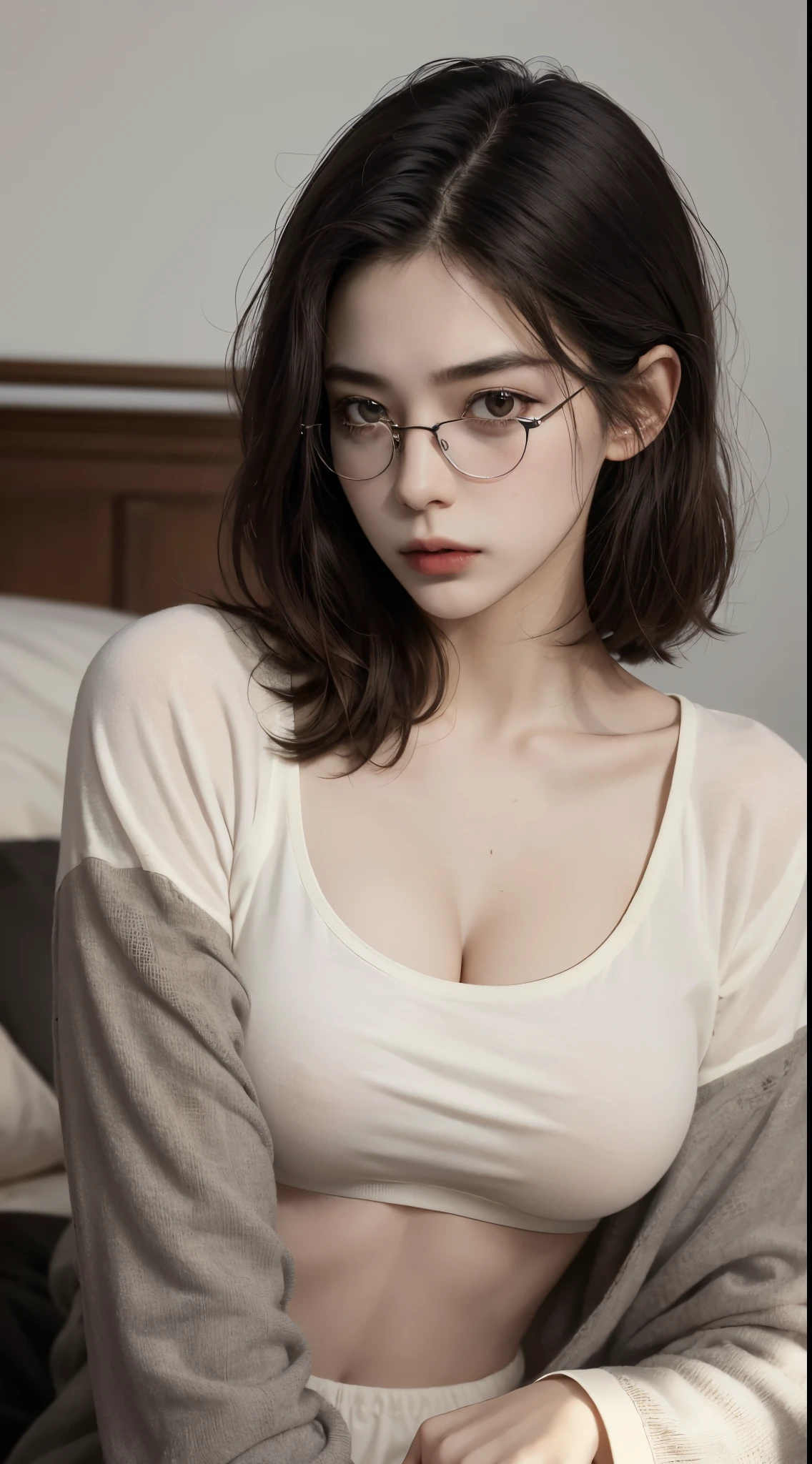 masterpiece, best quality, realistic, highly detailed, 1girl, solo, (body shot), poker face, short hair, black hair, glasses, large ??????, ((black Pyjamas)), Lying in bed, Lips pierced, tatto on neck, beautiful girl, A tomboy face, Flat face without expression, bedroom background, detail eyes, detail hair, perfect lighting