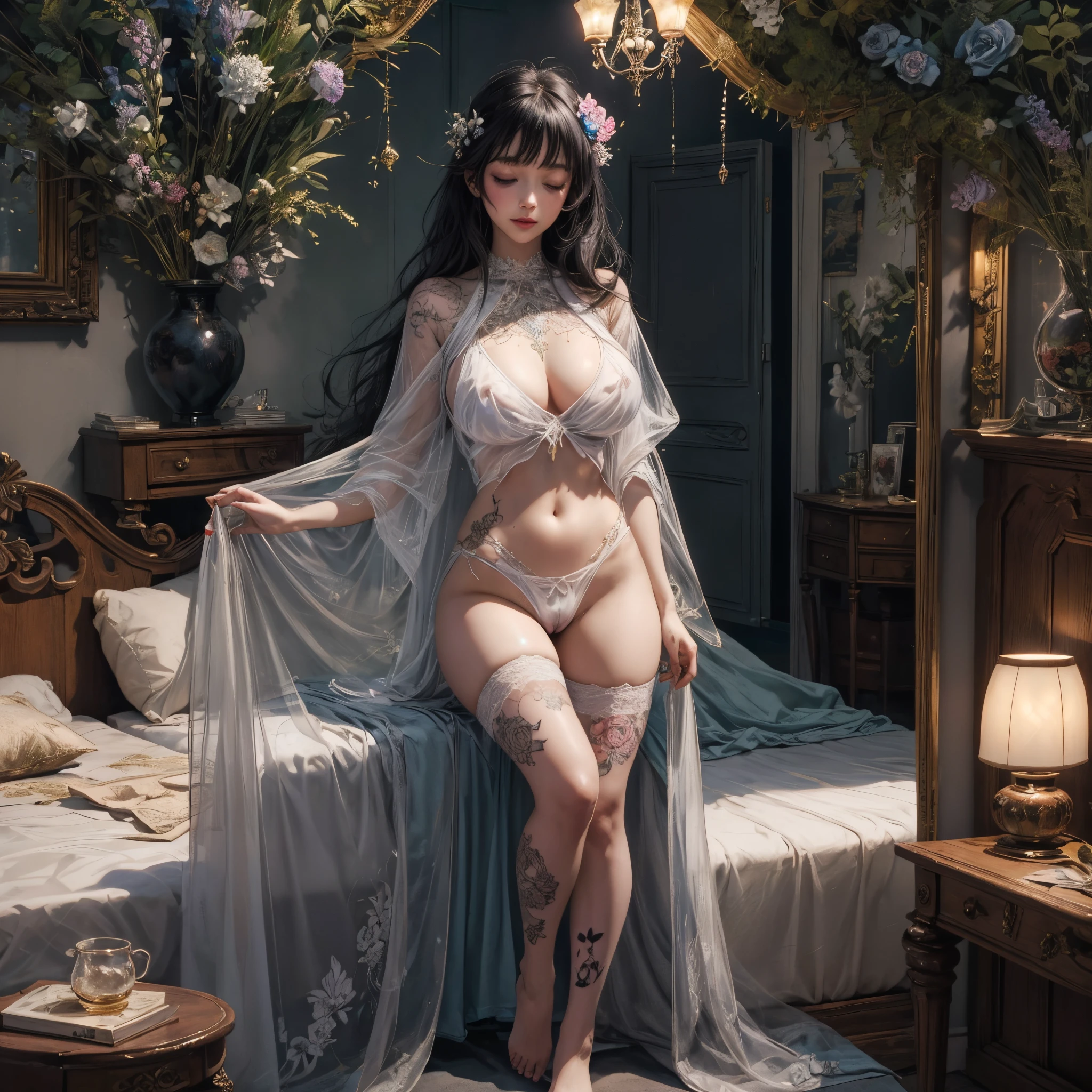 1sexy girl with forest clothes, flowers, leaves, mandalas, fractal,, Sleeping Beauty, by Bella🦋 full body, beautiful girl sleeping, room with mirror, girl sleeping on bed and sheets, old clock and lamp on table, full body, black hair, Transparent clothing,open legs, view of pubic hair, 1 sexy girl in transparent forest clothes,exposed breasts, open transparent t-shirt,mandala and flower tattoos, La mejor calidad, Obra maestra, llustration, muy delicado y hermoso, muy detallado, CG, Unidad, Fondo de pantalla de 8k, ridiculous, huge filesize, lente muy ancha, Luz suave,Sleeping Beauty, by Bella🦋 full body, beautiful girl sleeping, full body, black hair, Transparent clothing, slight smile,, open legs, view of pubic hair, 1 sexy girl in transparent forest clothes,exposed breasts, open transparent t-shirt,mandala and flower tattoos, La mejor calidad,