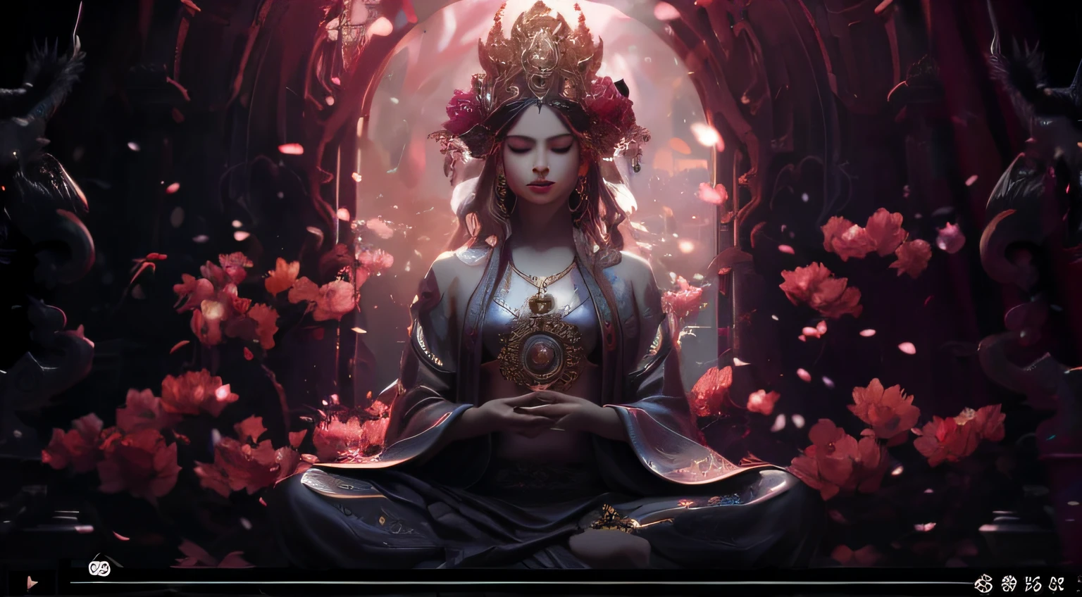 there is a woman sitting in the lotus position in a dark room, zen méditation cyberpunk, arte de fantasia digital ), uma bela imperatriz fantasia, Arte no estilo de Guweiz, arte wlop, Tithi Luadthong, 8k arte detalhada de alta qualidade, 🌺 CGSetnation, Beeple e Alphonse Mucha, elegant cinematic fantasy art