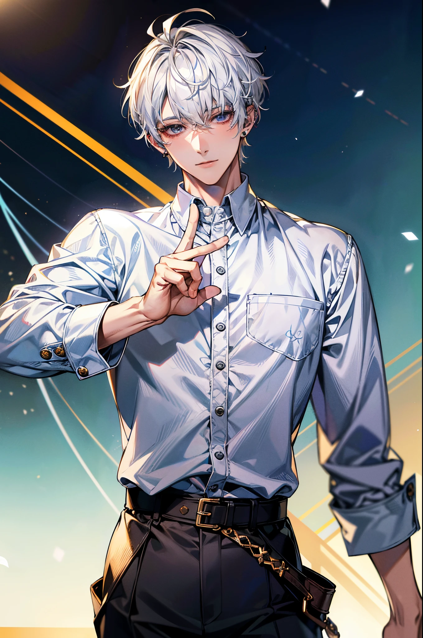 (absurdres, highres, ultra detailed, HDR), masterpiece, best quality, a boy, solo, handsome, short hair, white hair, finely eye and detailed face, casual clothes, real shadow, lift hand in peace sign, joyful, ear piercing,