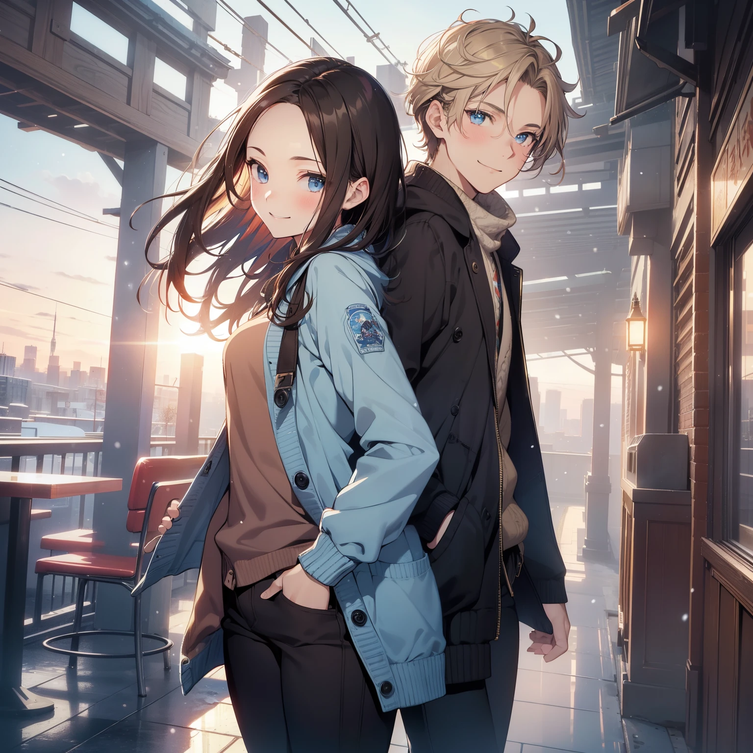 (masutepiece,Best Quality,8K),(extremely detailed CG1.1),man in his twenties,Smile,(From below:1.2),Intricate details , Hyper realistic, Perfect Anatomy,brown haired,Blue eyes,(((Forehead))),short-cut,hair slicked back,Full body,(((Blue cardigan,Winter gear.Long black pants))),blush,Happy smile,(((cafes))),Lens Flare,Wind,Magnificent view,(chromatic abberation:1.3),Dynamic Angle,Cowboy Shot,Looking at Viewer,It's snowing,is standing
