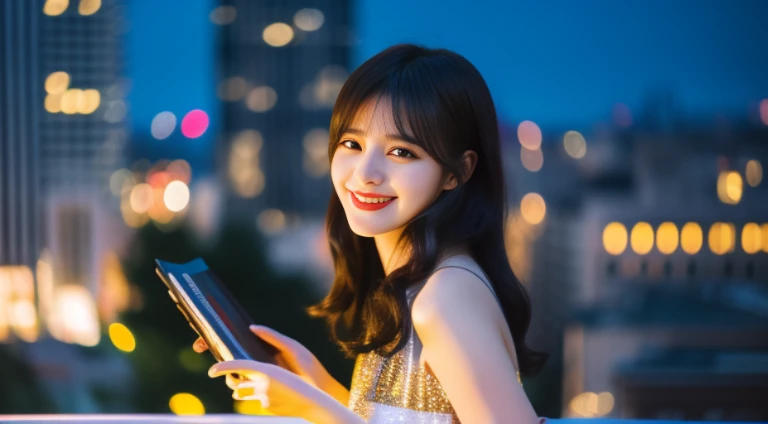 8K, Raw photo, Best Quality, masutepiece, high-definition RAW color photography, professional photograpy, (Realistic, Photorealistic:1.37), (High detailed skin:1.2), High resolution, Beautiful detailed eyes, (Hard Focus:1.4), (Sharp Focus:1.4), one girl in an elegant evening dress, sparkling sequins, Have a clutch bag, Roof terrace, City skyline background, Dusk, Warm Summer Nights, Bokeh, Lens Flare, (Vignette:0.8), Dramatic Lighting, Cinematic lighting, Back Light, Professional Lighting, Physically-based rendering, ulzzang -6500-v1.1, pureerosface_v1,a smile