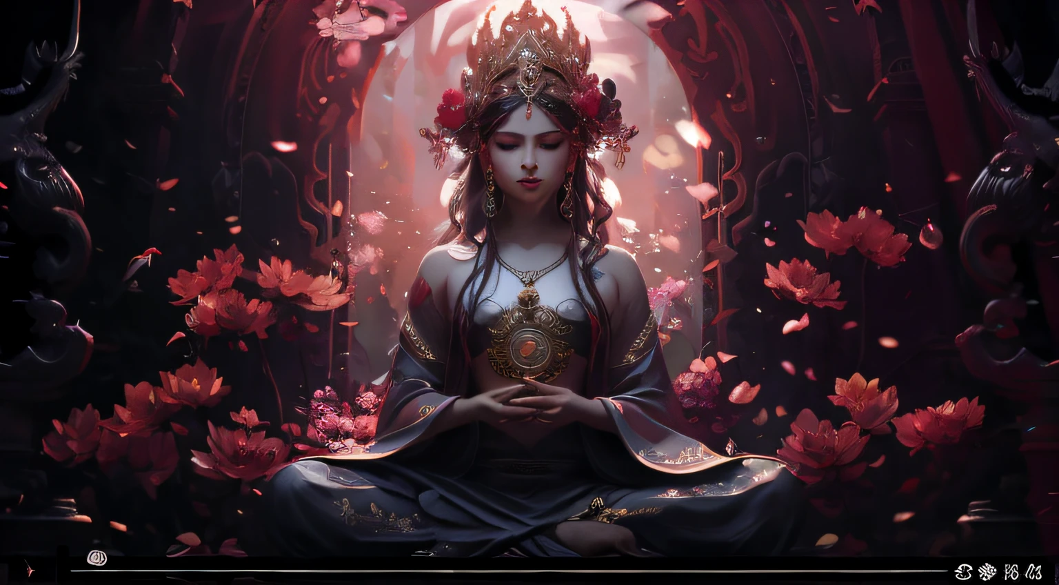 there is a woman sitting in the lotus position in a dark room, zen méditation cyberpunk, arte de fantasia digital ), uma bela imperatriz fantasia, Art not Guweiz style, Arte WLOP, Tithi Luadthong, 8k arte detalhada de alta qualidade, 🌺 CGSetnação, Beeple e Alphonse Mucha, elegant cinematic fantasy art