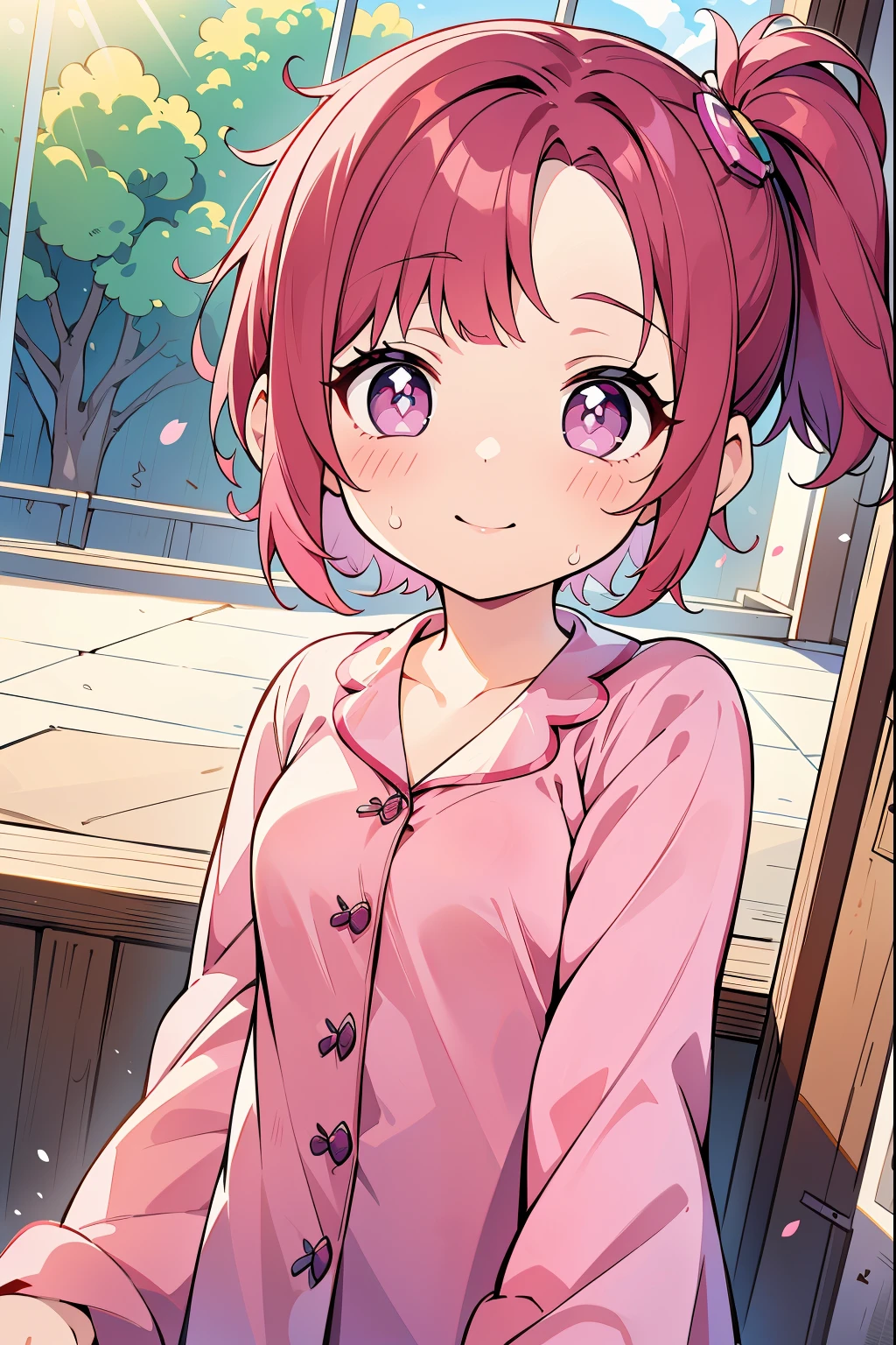 ((red hair)),1girl, cowboy shot, (((purple pajamas))),(sun glare,god light,ray tracing), (((pink pupils,side bangs,side ponytail,short hair))),big perfect watery eyes, character design,((pink pupils)),cute anime face, kawaii , stylized anime, anime moe artstyle, detailed face,8k,HD,little shy smile,cheery blush face,neat face, (Masterpiece,Best quality)