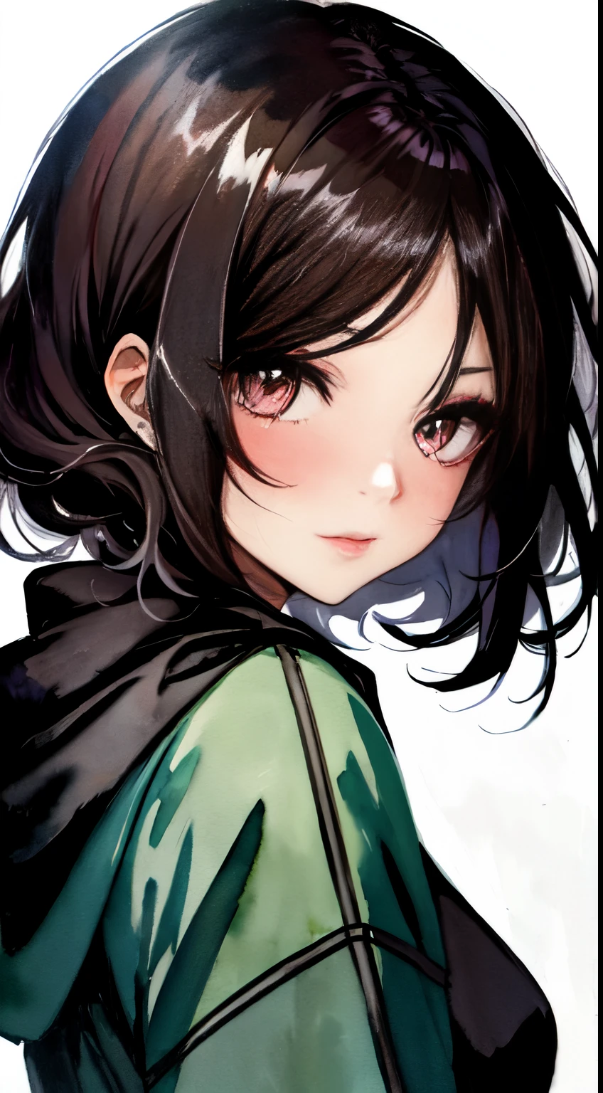 Anime style、illustratio、Watching from a distance、A dark-haired、watercolor paiting、One-Hong Makeup、Chaiborg、simple background、1 girl in、A dark-haired、Looking at the camera、facing front、beautiful expression、de pele branca、Glossy skin、long and bunched lashes,、Eyeliner 1.6、Red Lip、Thick lip、Blush under the eyes、the head of the nose is red、long-sleeve