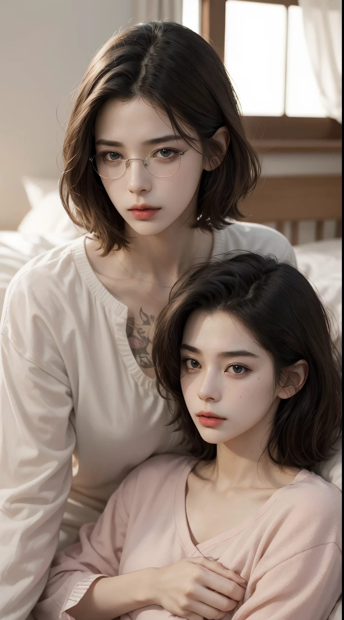masterpiece, best quality, realistic, highly detailed, 1girl, solo, (body shot), sleepy eyes, poker face, short hair, black hair, glasses, large breast, ((black Pyjamas)), Lying in bed, Lips pierced, tatto on neck, beautiful girl, A tomboy face, Flat face without expression, bedroom background, detail eyes, detail hair, perfect lighting