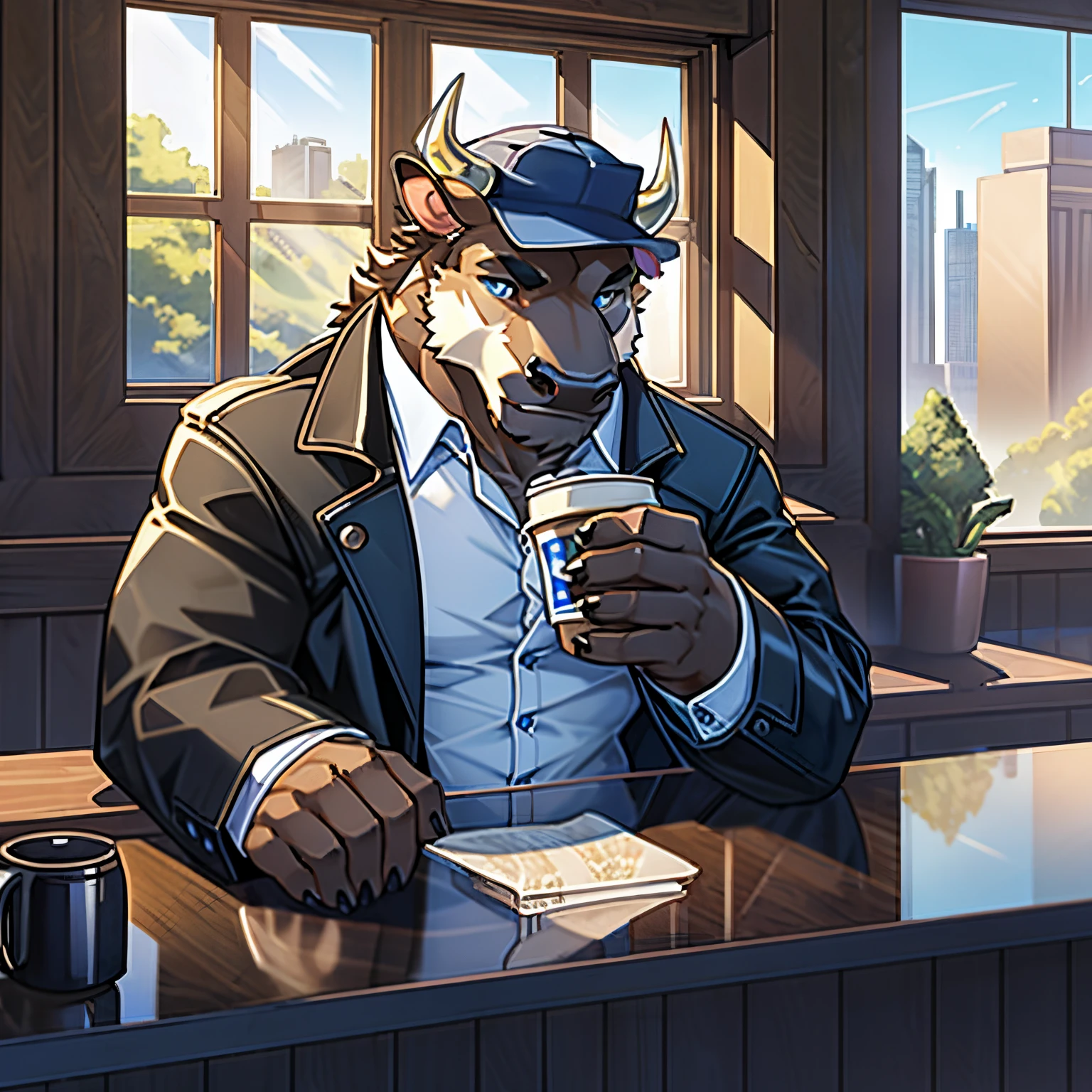 Solo, furry, male bulls, bull, cow , minotaur, brown fur, blue eyes, fluffy tail, wearing a black trench coat, wearing a blue cap, drinking coffee, looking out the window, detailed background