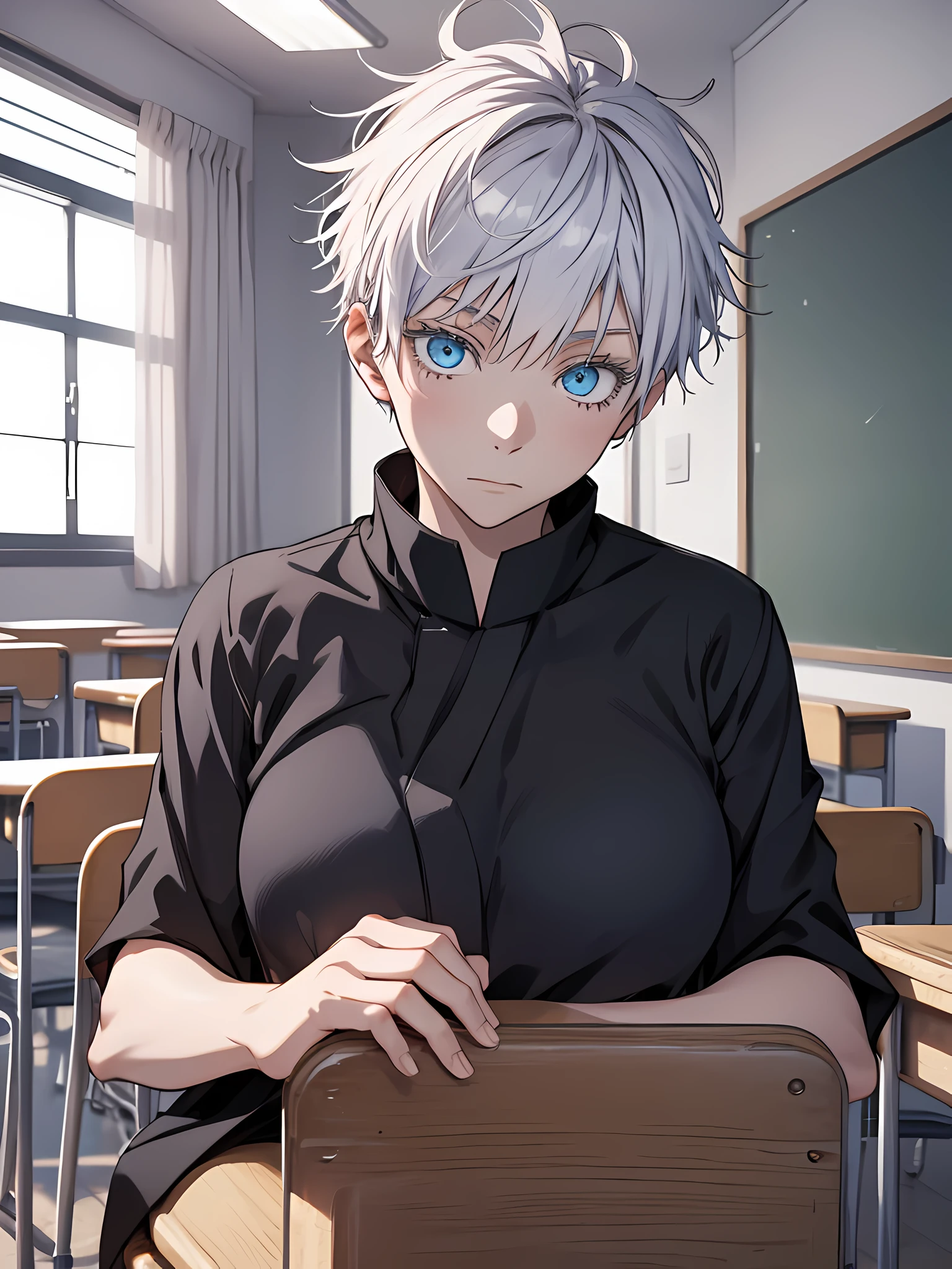 Woman, famale version, female, jujutsu kaisen, solo, alone, white hair, white eyebrows, white eyelashes, light blue eyes, wearing black shirt, black clothing, in classroom, school, high quality, 4k resolution, anime