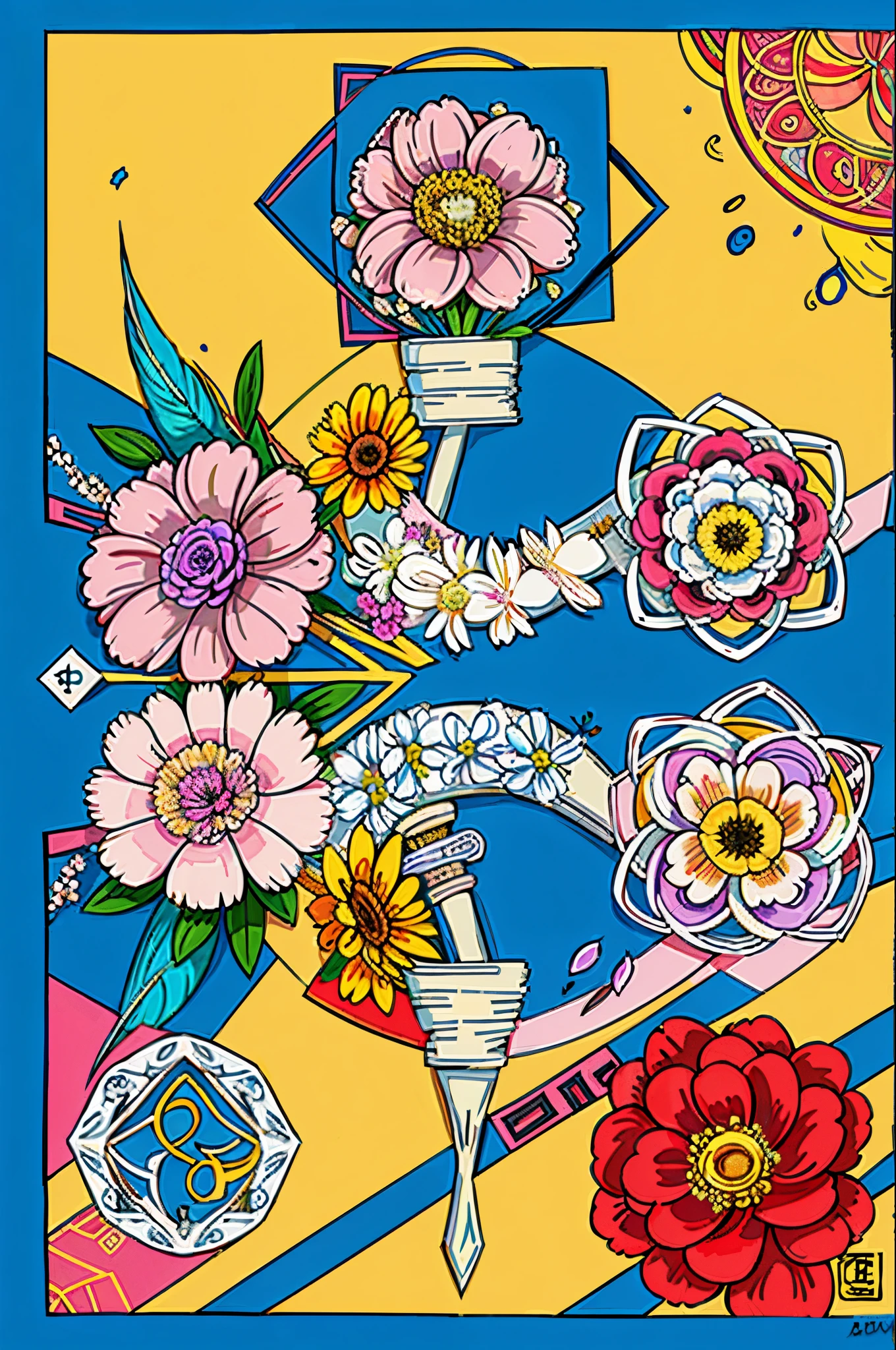 (fundo ultra-detalhado, fundo detalhado), absurdos, highres, ultra-detalhado, extremamente detalhado, 1girl loira cabelos longos, olhos azuis, (flower bouquet:1.3), (zentangle:1.2), (Geometrical:1.2),(colorido),