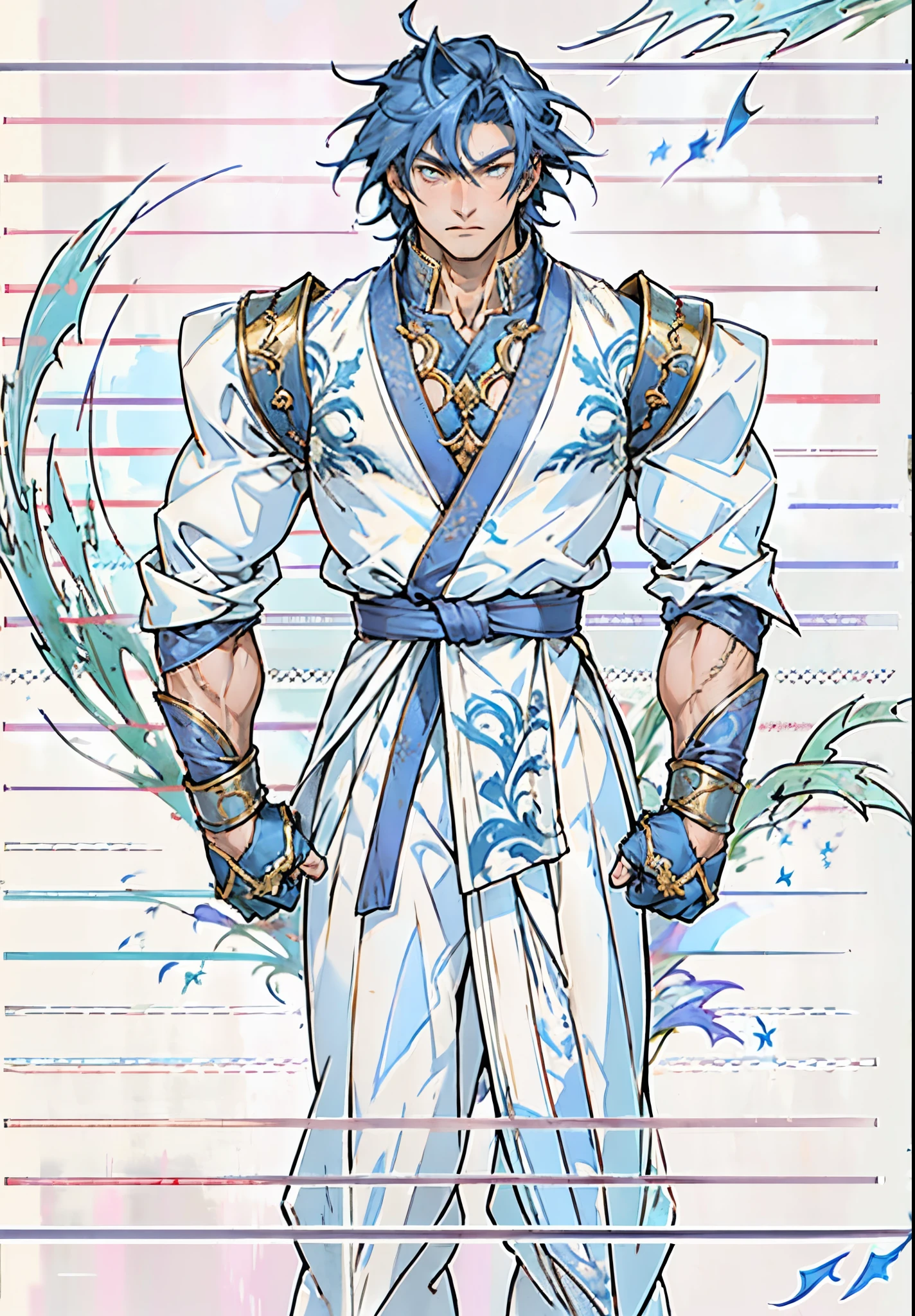 A young man, indigo blue hair, raised and fluffy short hairstyle, sharp gaze, a serious expression, a fantasy martial arts style sky-blue fabric kung fu outfit, tattered sleeves, hands wrapped with cords, a linen belt tied around the waist, coarse fabric trousers, on the cliff in the darkness of the night, this character embodies a finely crafted fantasy martial arts-style fighter in anime style, exquisite and mature manga art style, high definition, best quality, highres, ultra-detailed, ultra-fine painting, extremely delicate, professional, anatomically correct, symmetrical face, extremely detailed eyes and face, high quality eyes, creativity, RAW photo, UHD, 8k, Natural light, cinematic lighting, masterpiece-anatomy-perfect, masterpiece:1.5