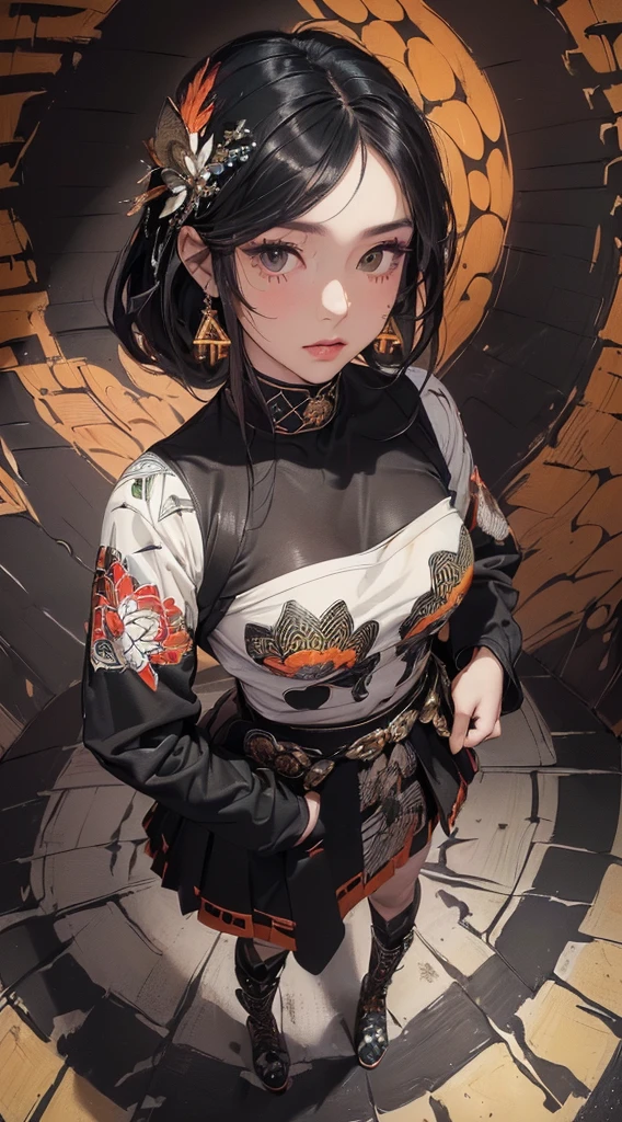 (((8k wallpaper of extremely detailed CG unit:1.2, masterpiece, hight resolution:1.2, top-quality:1.2, masutepiece))), ((a very beautiful woman, Hands in pockets:1.8, Grunge Fashion:1.2, wear a blouson:1.2, wearing skirt, wearing tights and boots)), ((extra detailed face, Highly detailed black eyes, extra detailed body, Top quality real texture skins)), (A dark-haired, length hair, de pele branca, Small:1.2), ((Colorful geometric patterns are painted all over the wall..., Colorful wall)), (high-angle:1.2, a closeup, Fisheye:1.4), hyper realisitic, digitial painting,