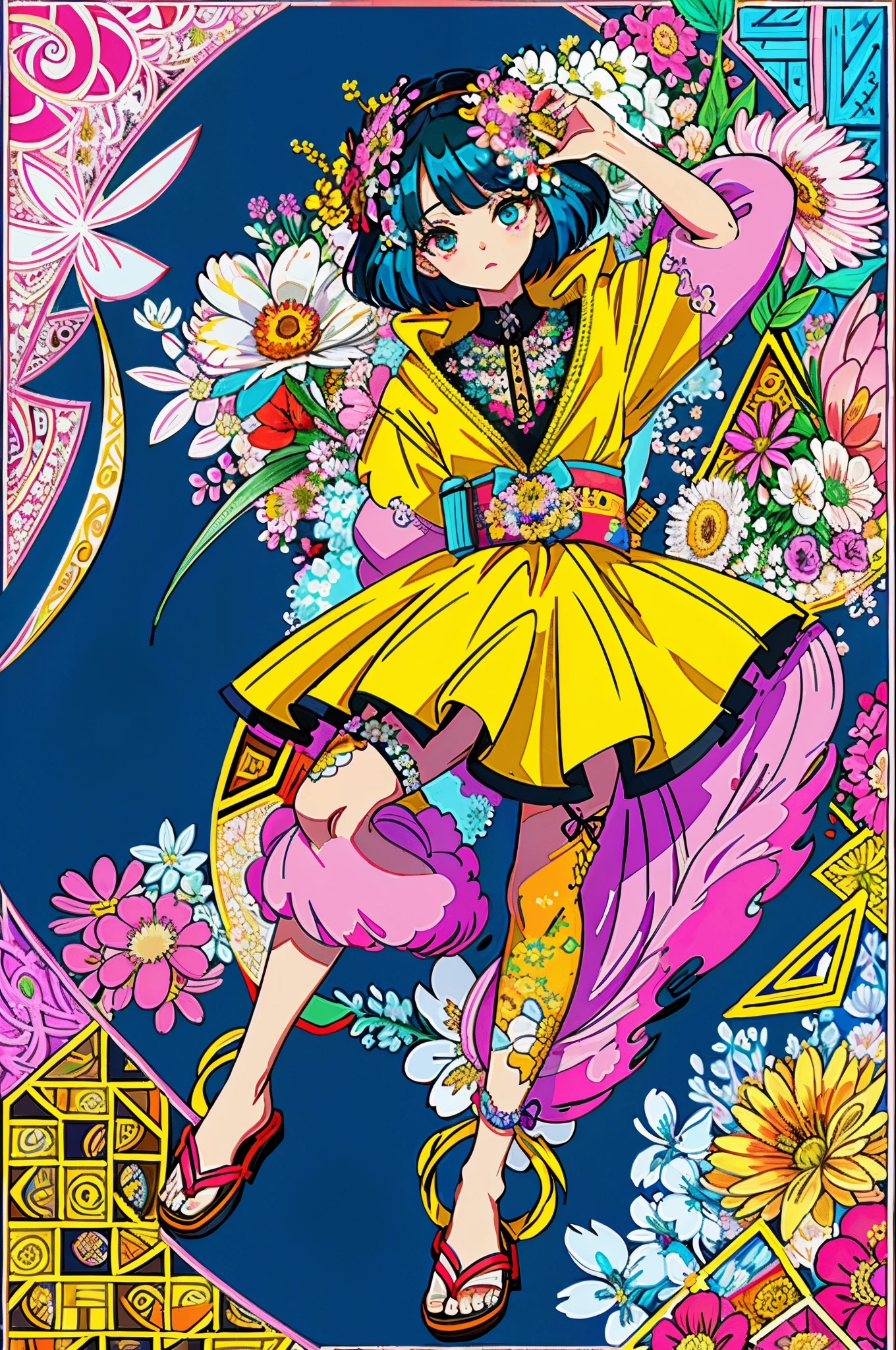 (ultra-detailed background, detailed background), absurdres, highres, ultra detailed, extremly detailed, 1girl, (bunch of flowers:1.3), (zentangle:1.2), (geometric:1.2),(colorful),