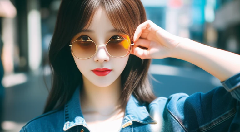 8k, RAW photo, best quality, masterpiece, high detail RAW color photo, professional photograph, (realistic, photorealistic:1.37), (high detailed skin:1.2), high resolution, beautiful detailed eyes, (hard focus:1.4), (sharp focus:1.4), 1girl in casual chic attire, denim jacket, graphic tee, sunglasses perched on head, urban graffiti wall, midday sun, vibrant urban atmosphere, bokeh, lens flare, (vignette:0.8), dramatic lighting, cinematic lighting, back light, professional lighting, physically-based rendering, ulzzang-6500-v1.1, pureerosface_v1