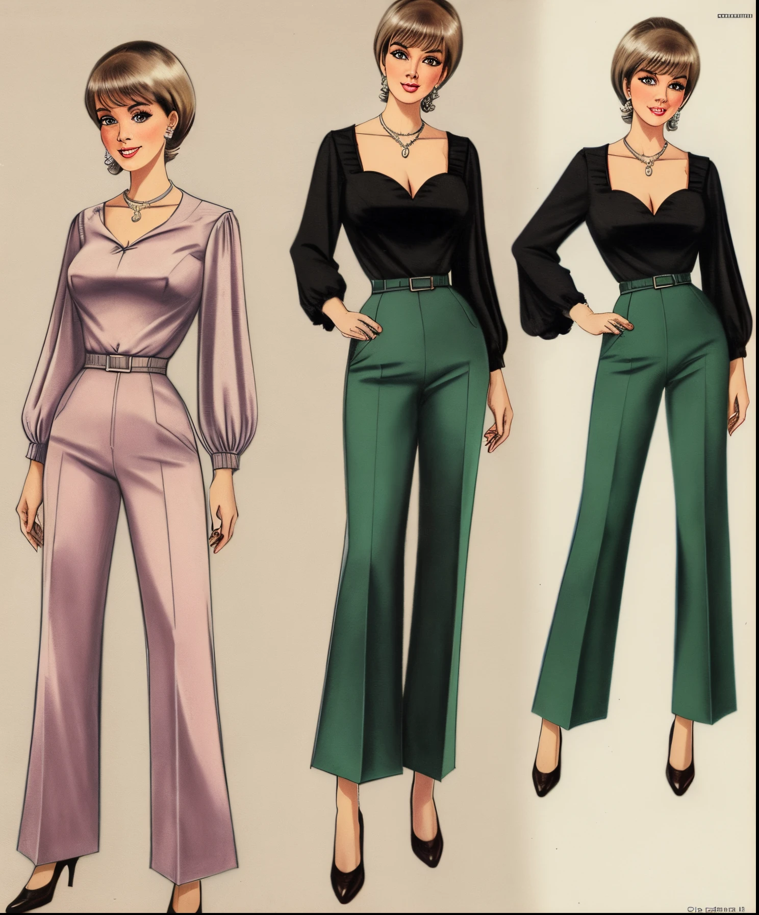 **costume drawing for a 1960 housewife, older, mature, interesting 60s pants, blouse low neckline** - (relaxed)