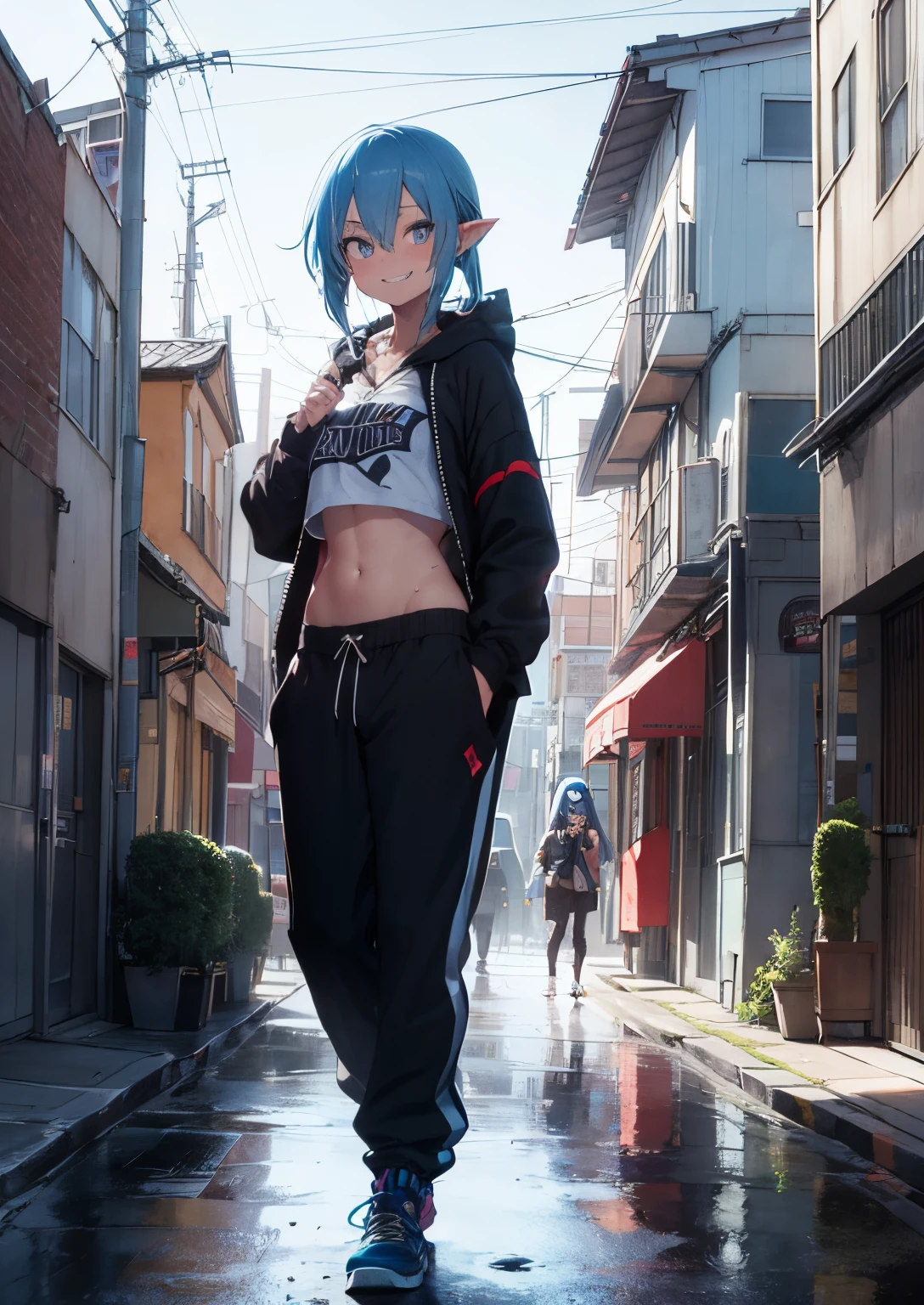 nefarious smirk, shady, ashy, goddess of mischief, giddy smirk, villainess, jinx, imp, sharp teeth, hoodie , sweat pants, long pants, cyan blue hair, window with rain in background d, hands in pockets, standing, short, pointy ears, navel, messy hair, visible underwear, standing in street