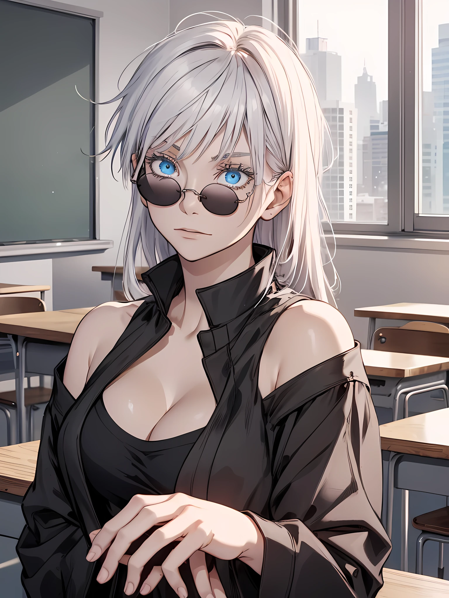 Woman, famale version, female, jujutsu kaisen, solo, alone, white hair, bangs, white eyebrows, white eyelashes, light blue eyes, wearing round sunglasses, cleavage, wearing black shirt, black clothing, in classroom, school, high quality, 4k resolution, anime