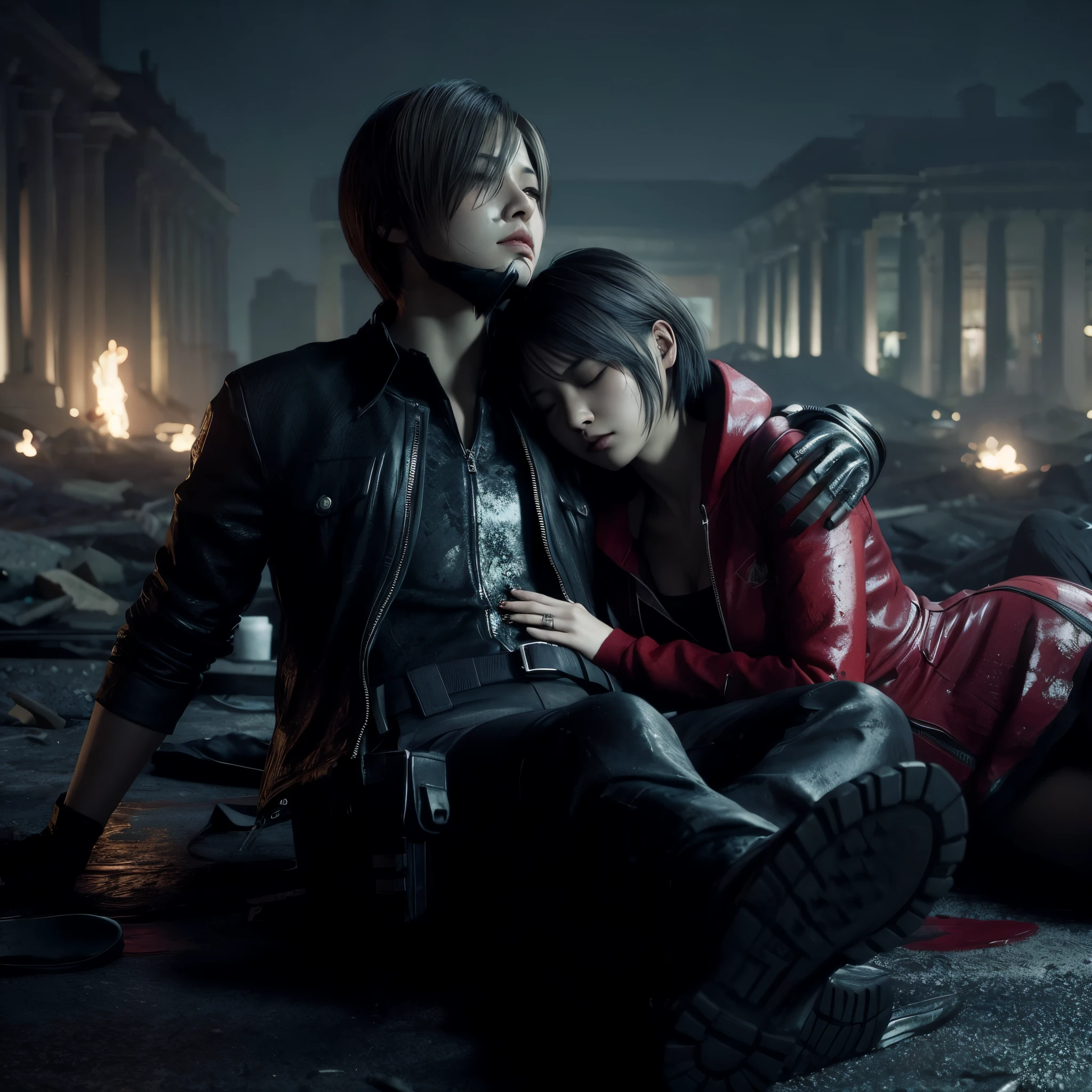 Ada wong ,Woman, wearing red hoody dress, bob hair, red polish, glazed expression, tired, Eyes closed