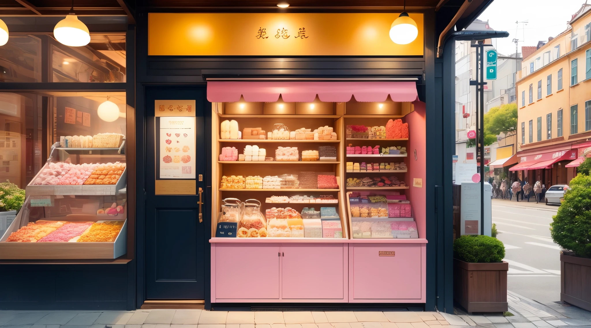 The base color should be pastel pink。A large ribbon is placed on the exterior.、Add pastel blue or pastel yellow lines or small ribbons as an accent.。

Illustrations of sweets and ice cream are drawn on the background of the display panel.、We display products that can be purchased in a cute way.。By using soft lighting tones, you can create an overall soft impression.。

Place objects of small cats and rabbits at the feet to create a glamorous look.、Creates a sense of familiarity