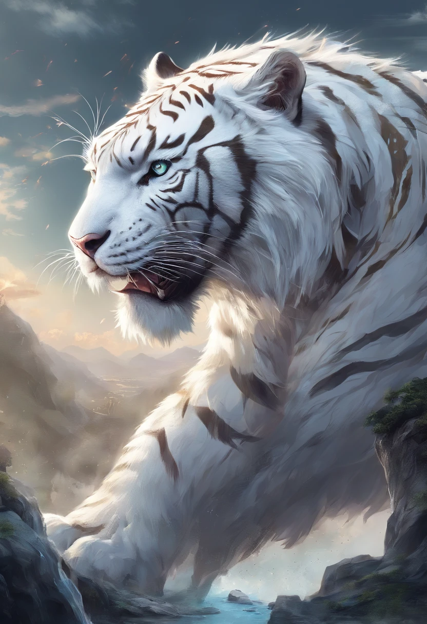 Hulin（body of white tiger，The head of the unicorn，The long tail of a dragon），Huashan，huge cloud waves，Chinese style，oc rendered，ultradetailed，hyper realisitc，ultra real photo，high high quality，8K high resolution，ultra - detailed