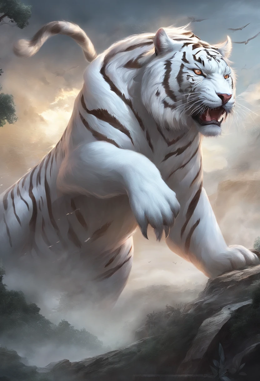 Hulin（body of white tiger，The head of the unicorn，The long tail of a dragon），Huashan，huge cloud waves，Chinese style，oc rendered，ultradetailed，hyper realisitc，ultra real photo，high high quality，8K high resolution，ultra - detailed