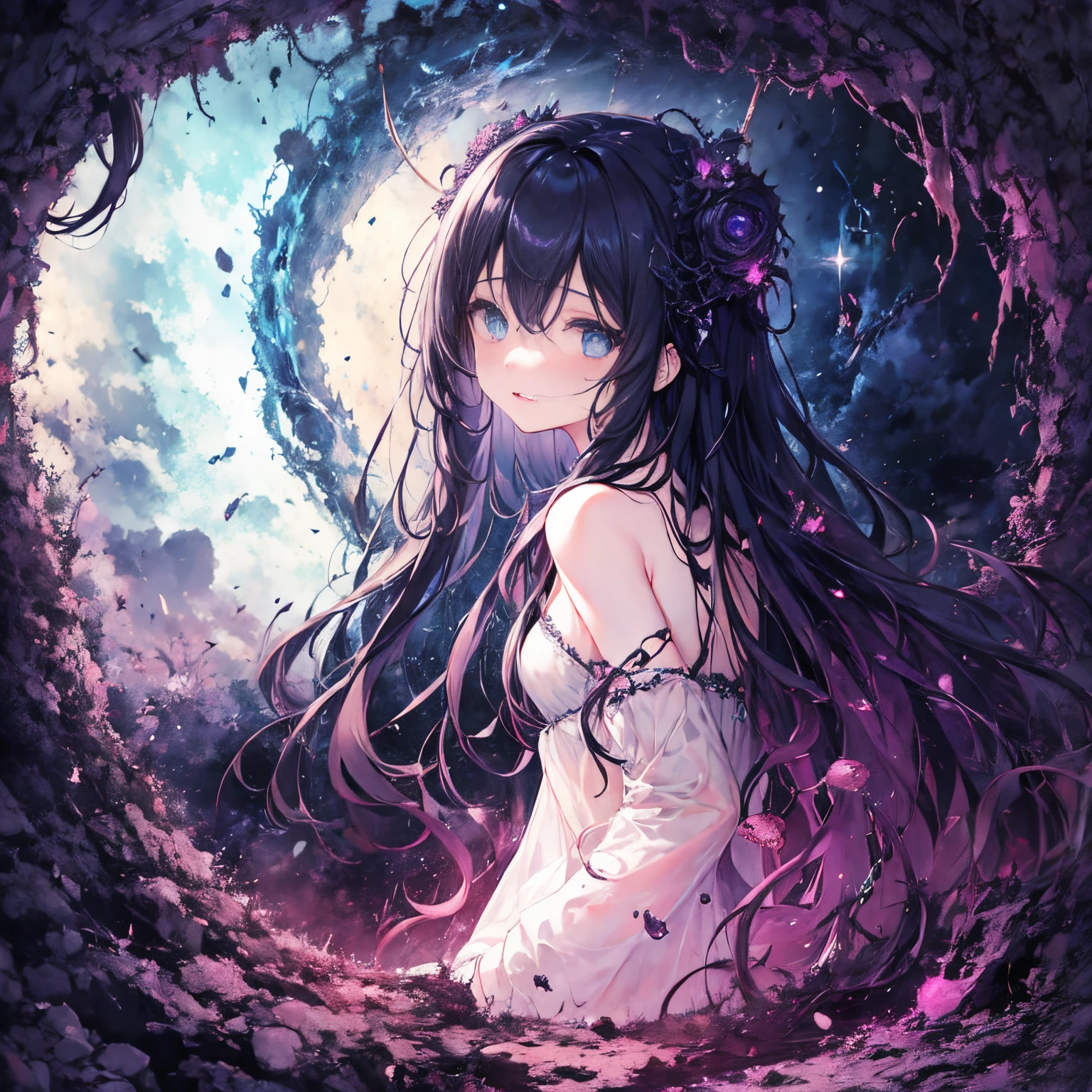 [Female Main Character[1 girl in, no smile, sparkling navy blue eyes, (black hair) , small stature, small breasts, ****, (masutepiece:1.2, Best Quality), (finely detailed beautiful eye: 1.2), (beautifull detailed face), (Best Illumination, extremely delicate and beautiful), long hair, collarbone, worn out tank top,]], [background [Deep in the expanses of the universe, The Dark God Awakens, Cthulhu, Ancient ones, With tentacles that make the heart tremble. A being with immeasurable power, Beyond human comprehension, Emerging from the abyss, The Ascension of the Universe. Imbued with grotesque forms and madness, Cthulhu, Great Old One, There is a planet in the middle, tentacles in universe, lovecraftian inspiration, Lovecraftian cosmic fear, lovecraftian hellscape, fantasy and cosmic horror movie, Lovecraftian atmosphere, lovecraftian, a planet in open space, ]]