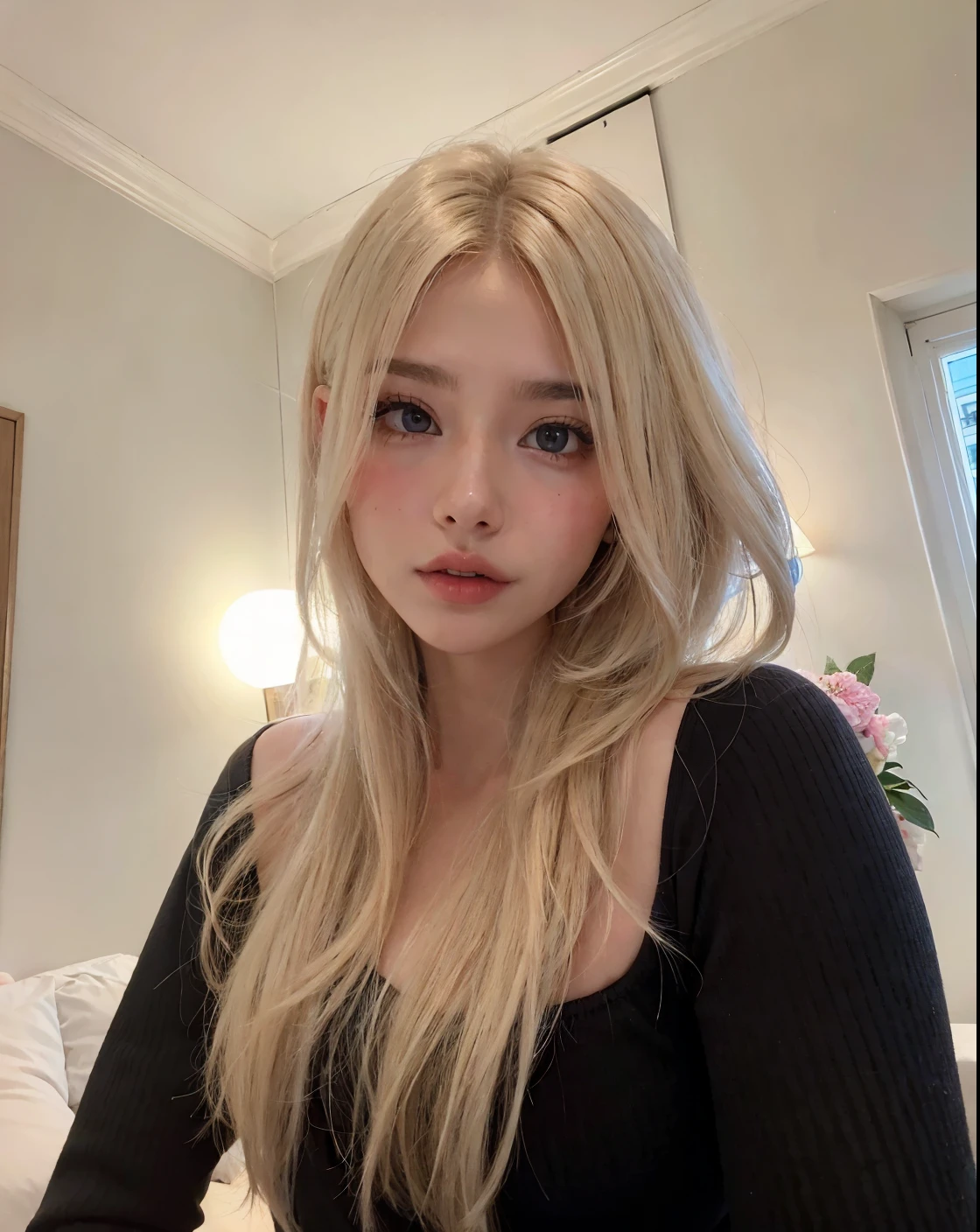 Blonde woman with long hair in a black top and black pants, Retrato de Kim Petras, com longos cabelos loiros, uma menina com cabelo loiro, menina loira bonita, Blonde and attractive features, uma loira linda, longos cabelos loiros e olhos grandes, Deusa loira, ela tem cabelos loiros, rosto como ester exposito, longos cabelos brancos e franja