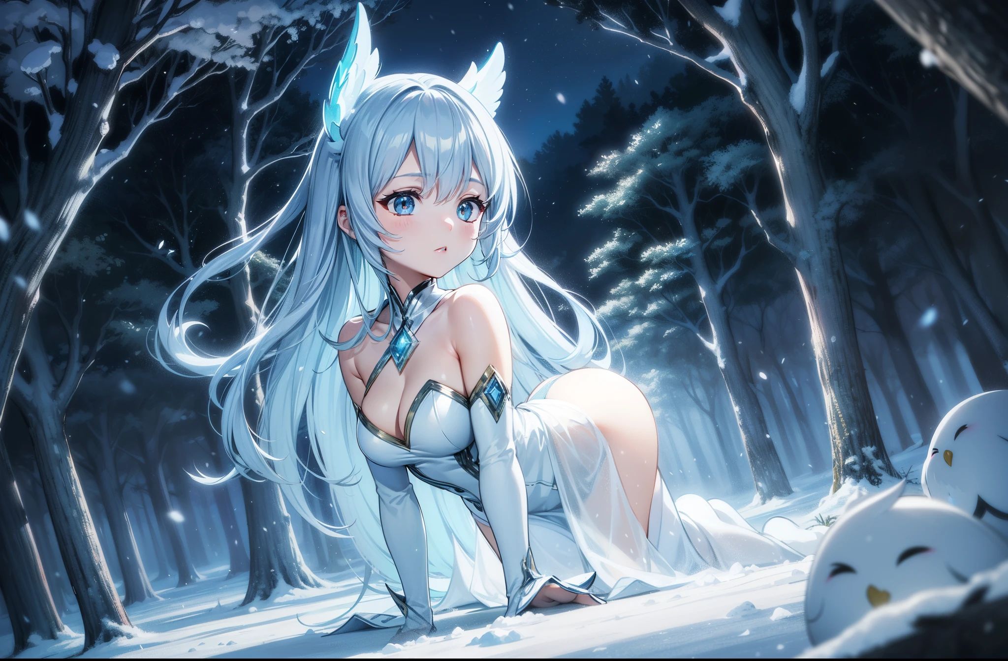 ((ultra-detailliert)), ((Best Illustration)), ((Movie Lighting)), Dynamic Angle, floating, Fine, (The Flash: 1.2), (shine: 1.2), (shine: 1.2), "(Best Quality), Super detailed depiction of a beautiful girl, Light blue long hair、Twin-tailed、 In the colorful forest、Surrounded by snow-white owls and vivid vegetation.", Cinematic, Refreshing, essence, Rim Lights, Scattering