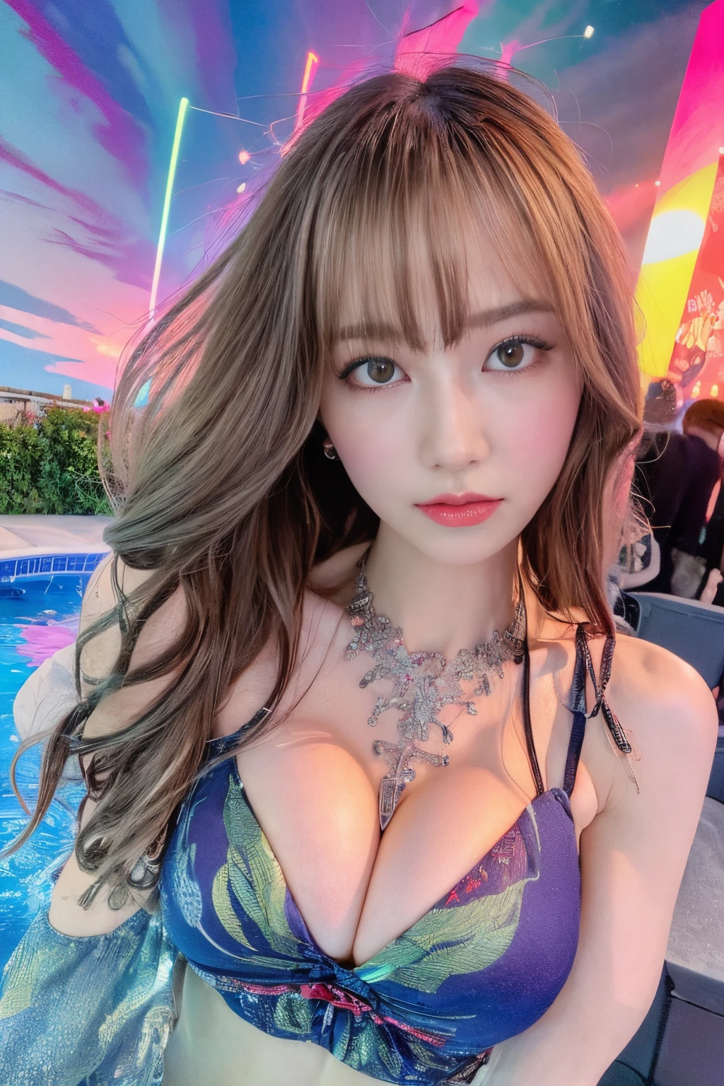 ((Best quality, 8k, Masterpiece :1.3)), 1girl, Pretty woman with emphasizing slender abs :1.3, Huge breasts :1.2, Alluring pose, Pool, Ultra-detailed face, Highly detailed lips, Detailed eyes, Double eyelid