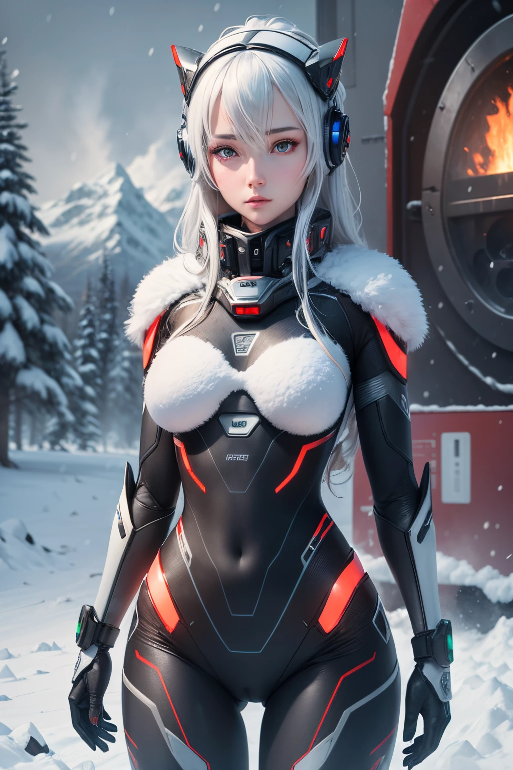 During a snowstorm in the winter mountains、Female robot performing search activities., nffsw, retinas, masutepiece, ccurate, Anatomically correct, Textured skin, Super Detail, high details, High quality, Best Quality, hight resolution