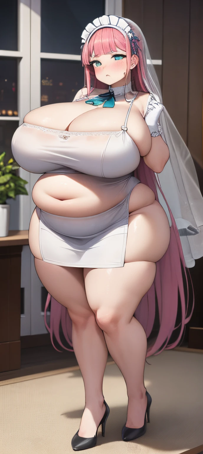 realistic, 1girl, pink hair, very long hair, wear bride veil, straight hair, blunt bangs, (beautiful eyes), blush, ((((white maid dress, fully clothed)))), ((big breast)), maid headband, white hand gloves, high heels, ribbon, night, indoor, staring at viewer, lipstick, closed mouth, bare foot, sfw, very big breast, [big belly], covered belly, thicc girl, standing, fat girl, obese girl